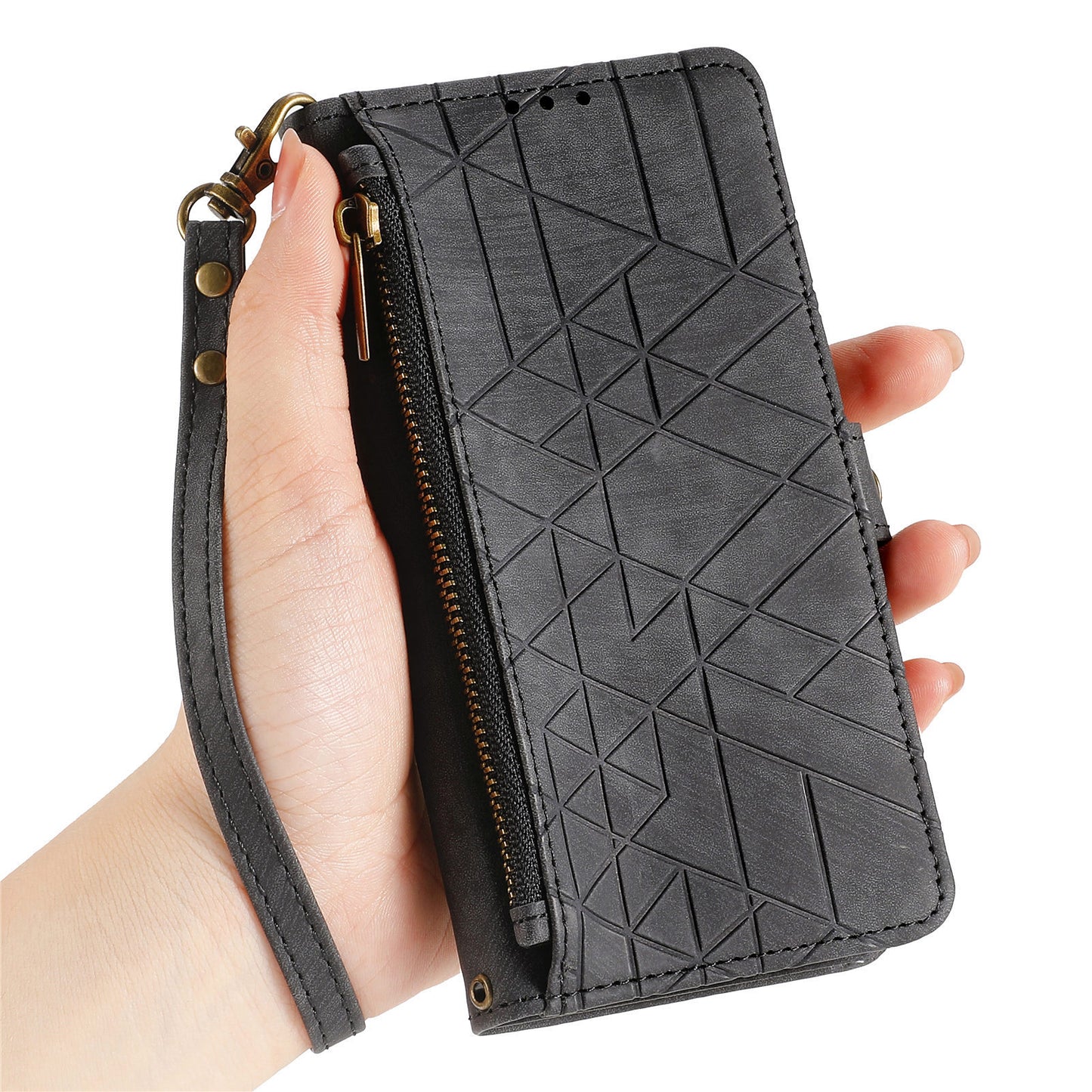 For Samsung Galaxy S24+ Leather Case Geometry Pattern Phone Wallet Cover - Black