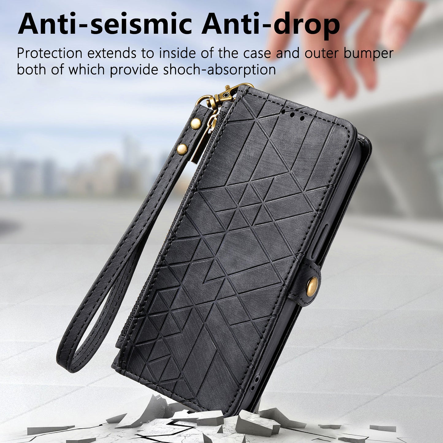 For Samsung Galaxy S24+ Leather Case Geometry Pattern Phone Wallet Cover - Black
