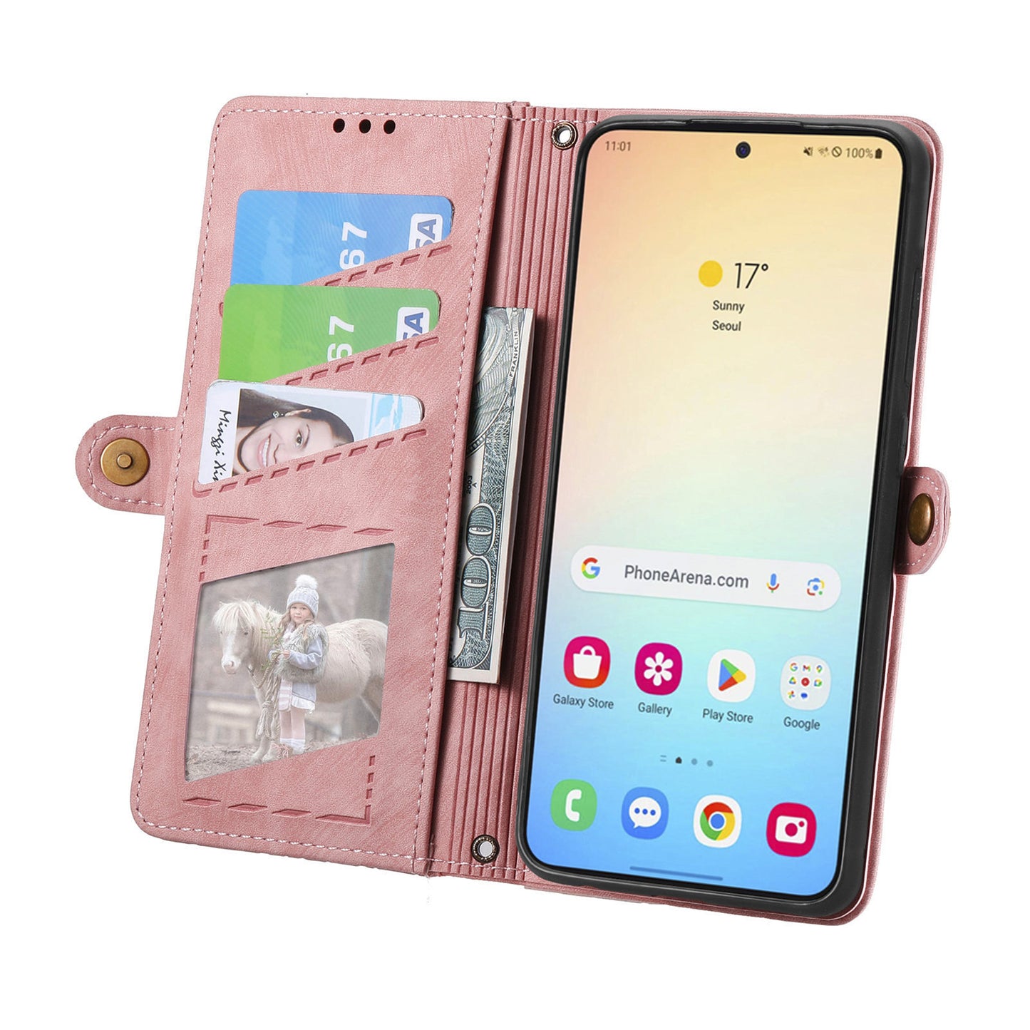 For Samsung Galaxy S24 Case Geometry Pattern Zipper Pocket Phone Cover - Pink