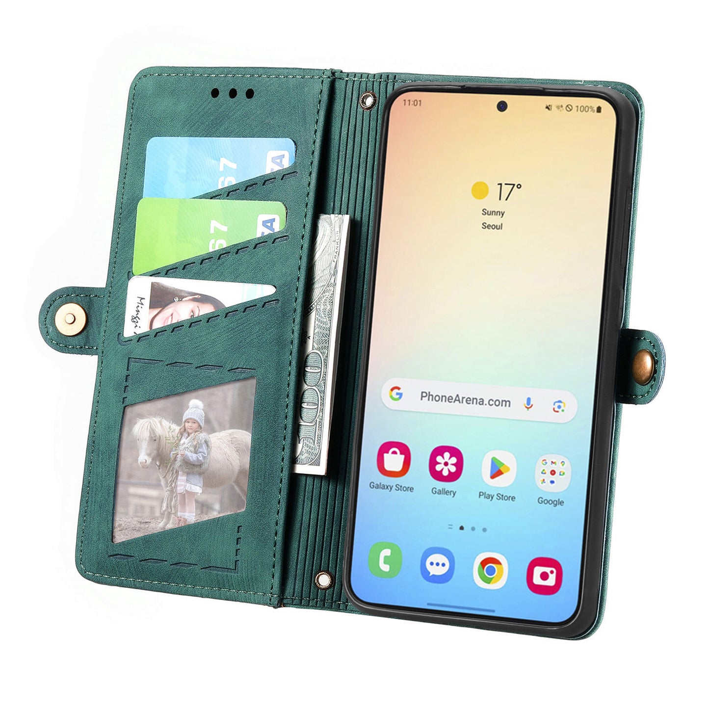 For Samsung Galaxy S24 Case Geometry Pattern Zipper Pocket Phone Cover - Green