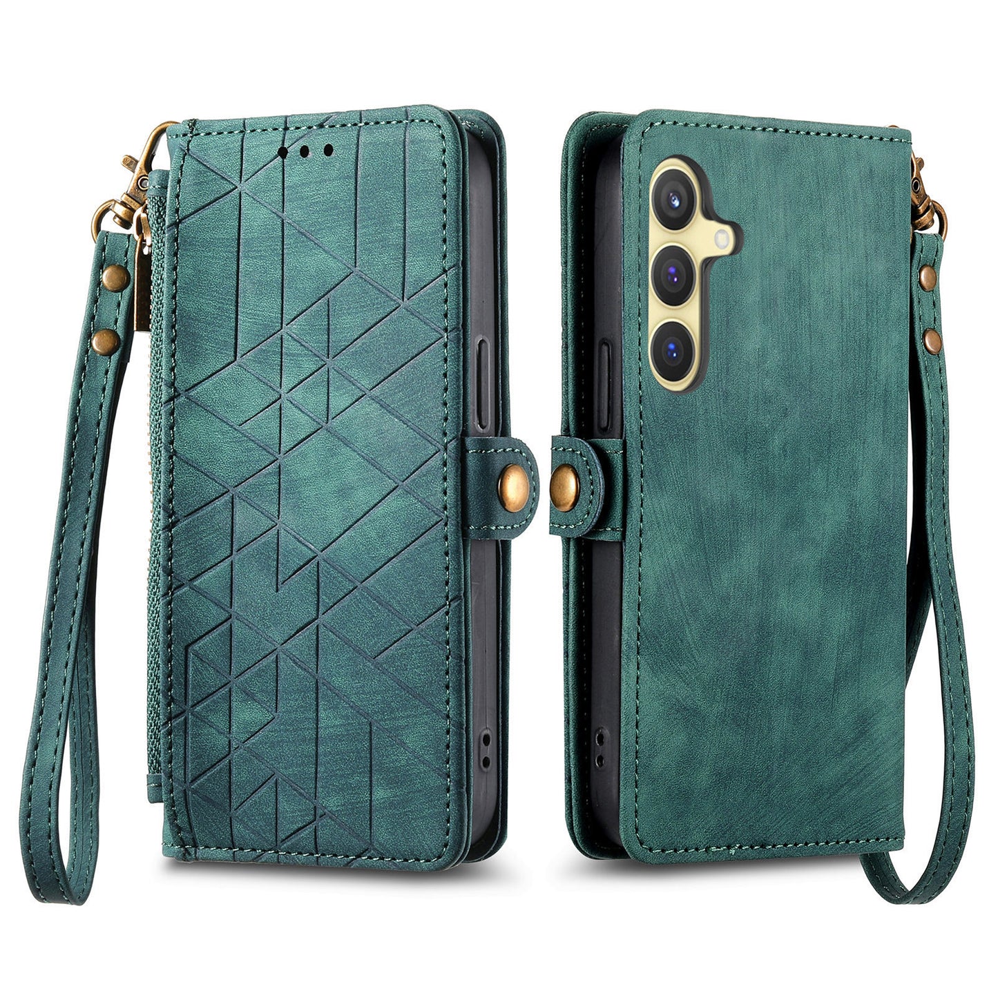 For Samsung Galaxy S24 Case Geometry Pattern Zipper Pocket Phone Cover - Green
