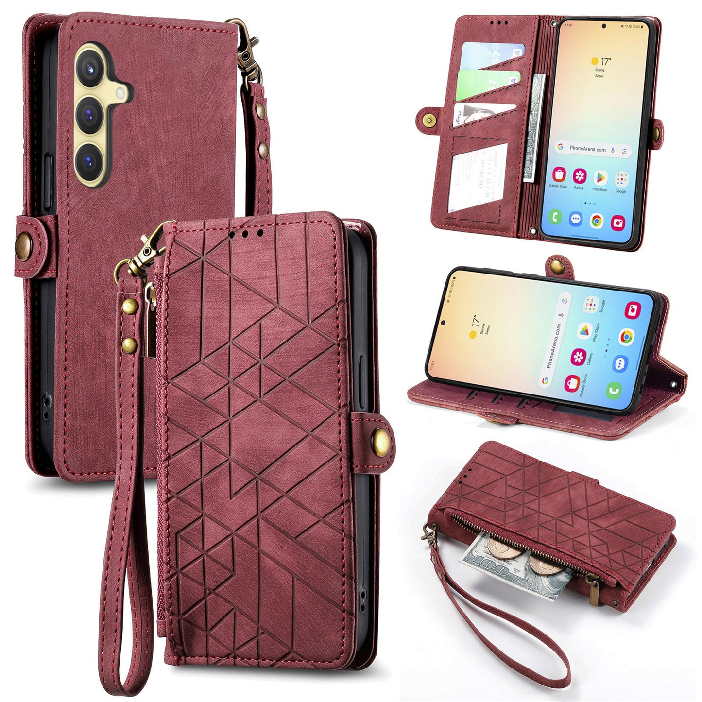 For Samsung Galaxy S24 Case Geometry Pattern Zipper Pocket Phone Cover - Red