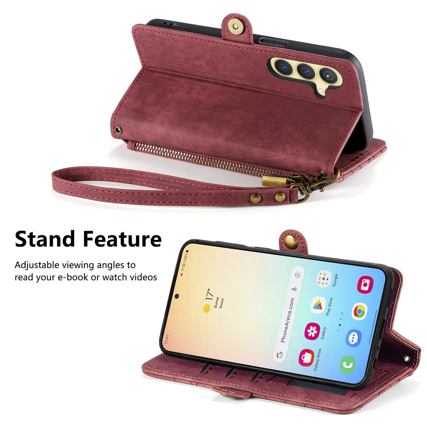For Samsung Galaxy S24 Case Geometry Pattern Zipper Pocket Phone Cover - Red