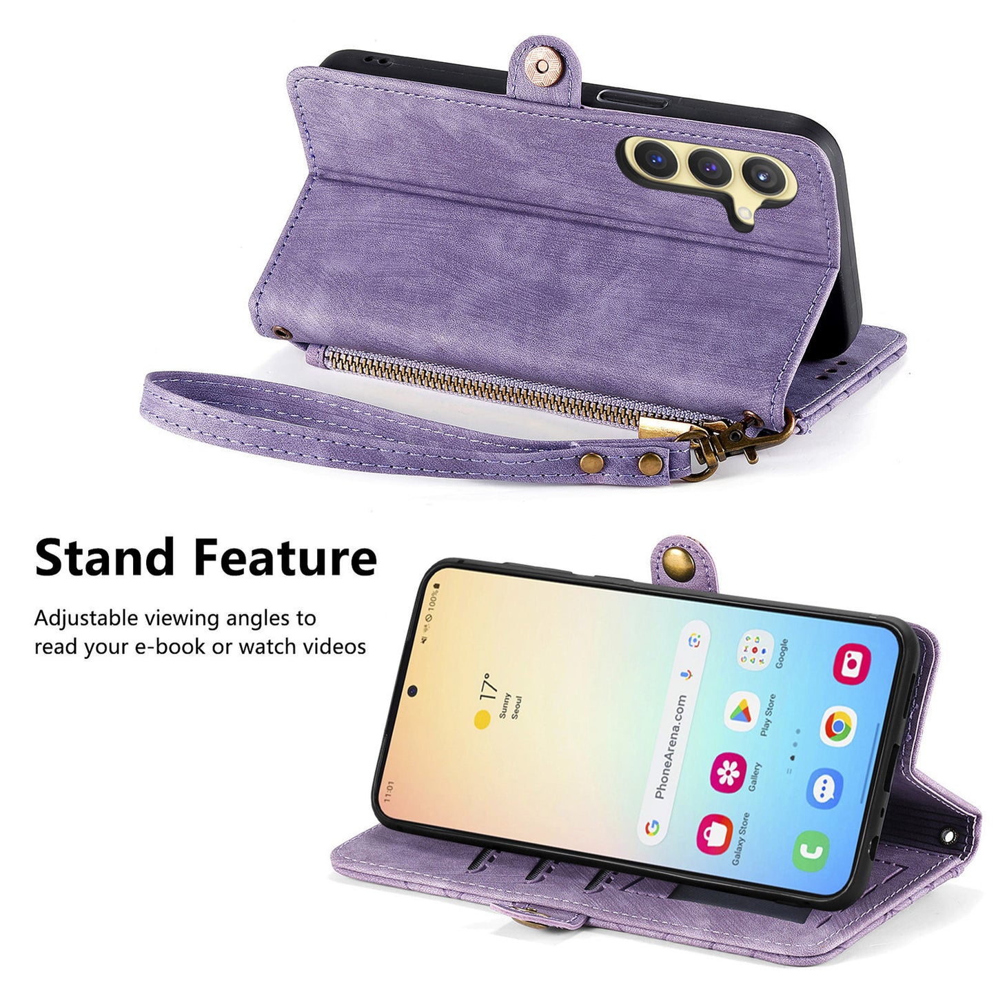 For Samsung Galaxy S24 Case Geometry Pattern Zipper Pocket Phone Cover - Purple