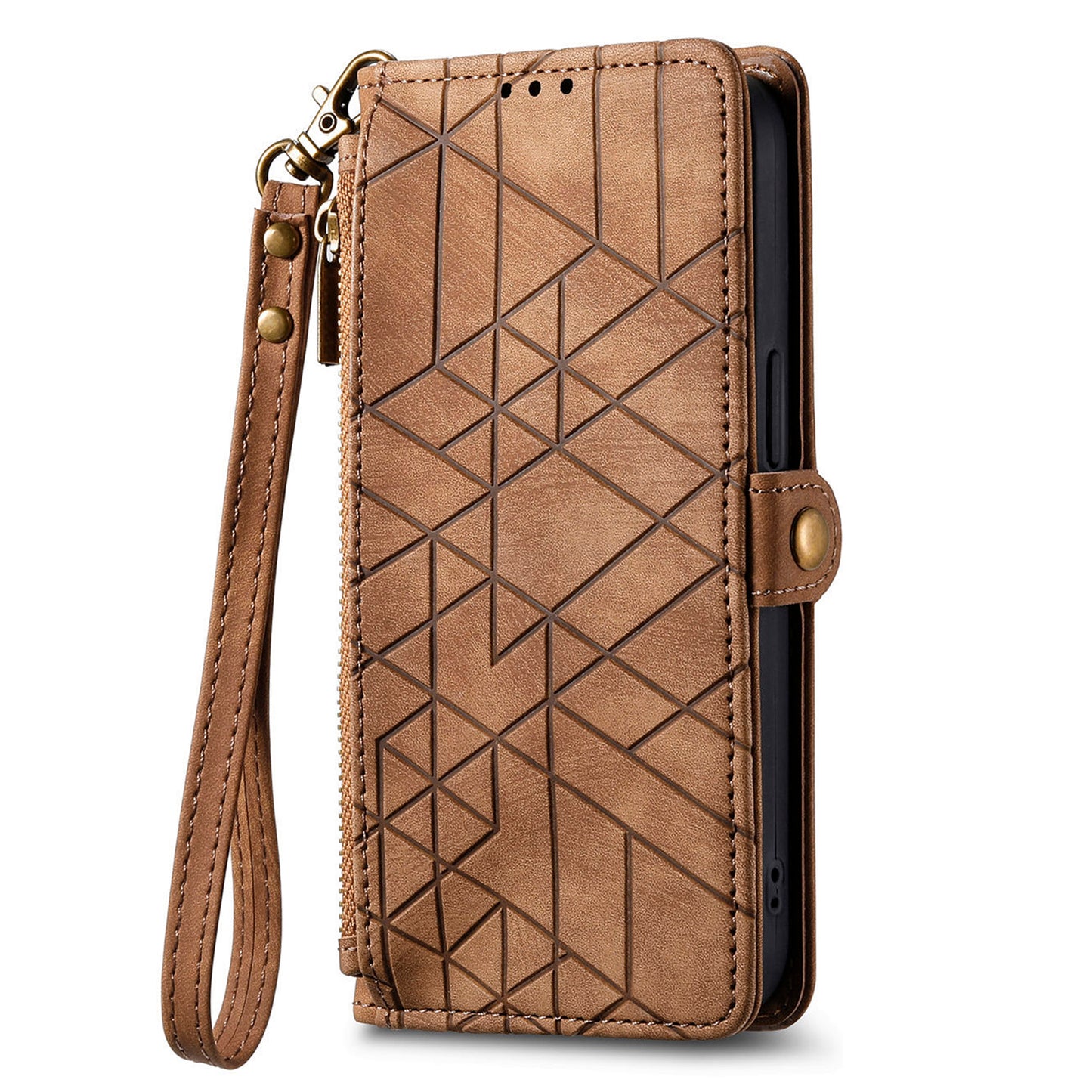 For Samsung Galaxy S24 Case Geometry Pattern Zipper Pocket Phone Cover - Brown