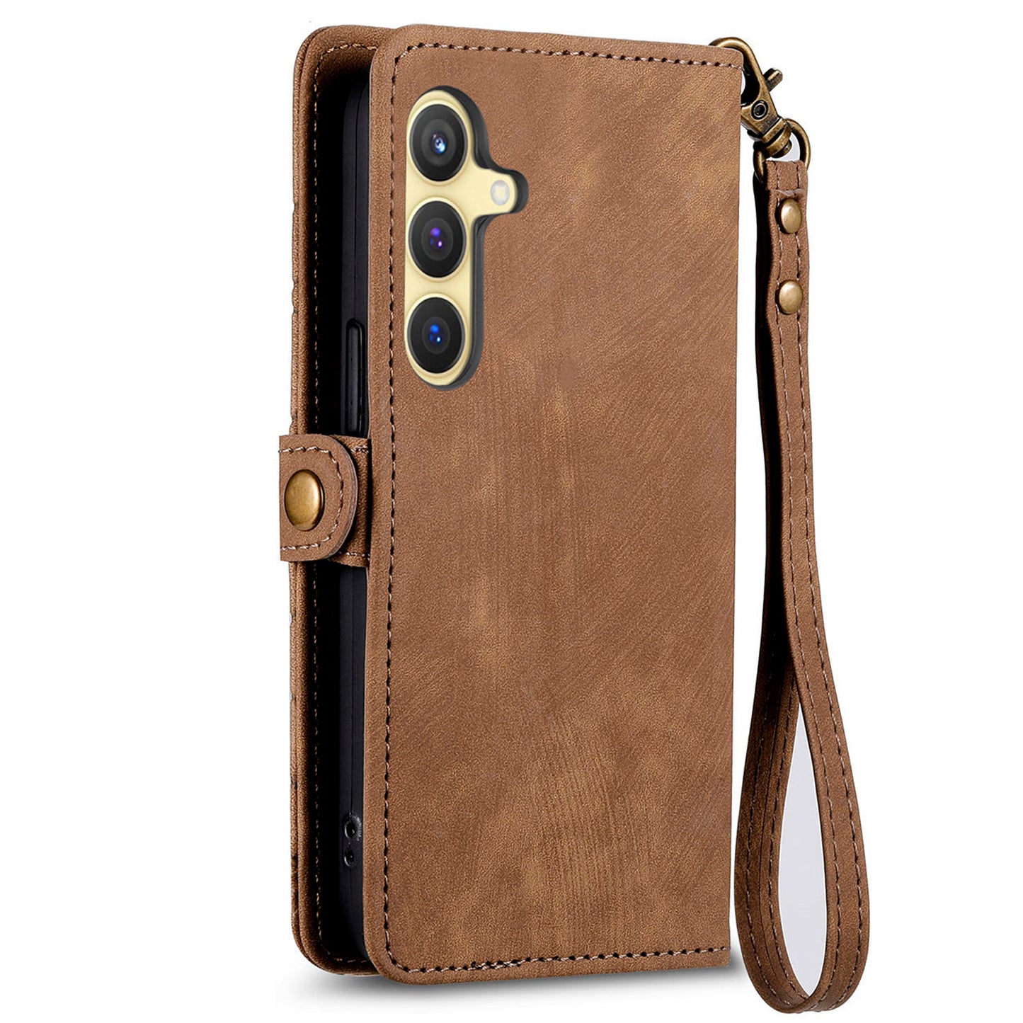 For Samsung Galaxy S24 Case Geometry Pattern Zipper Pocket Phone Cover - Brown