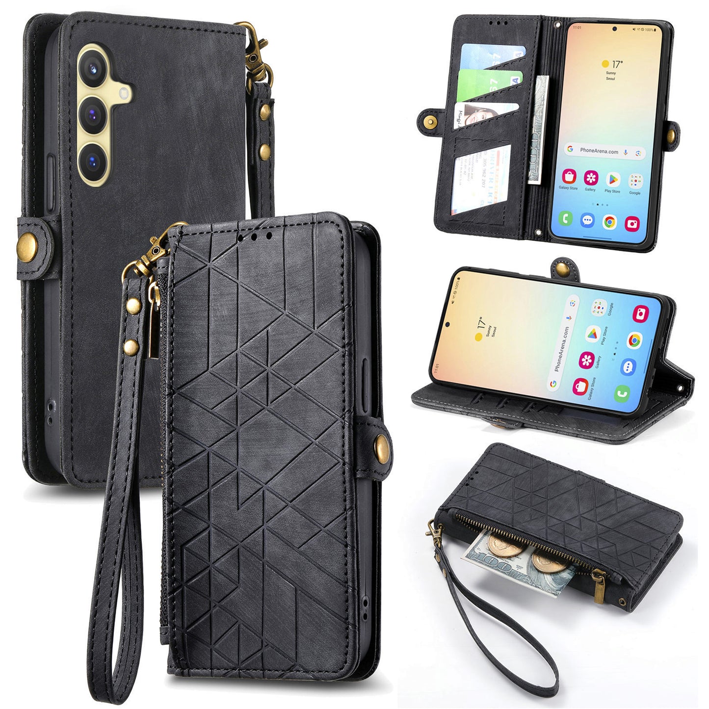 For Samsung Galaxy S24 Case Geometry Pattern Zipper Pocket Phone Cover - Black