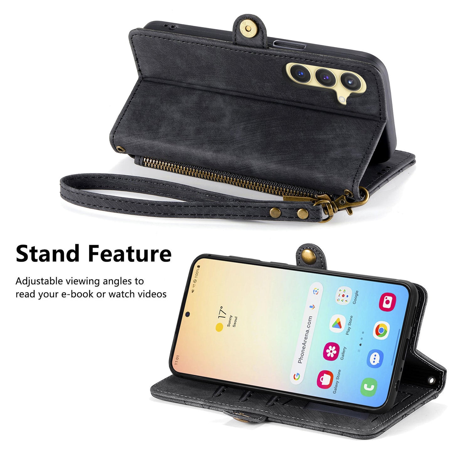 For Samsung Galaxy S24 Case Geometry Pattern Zipper Pocket Phone Cover - Black