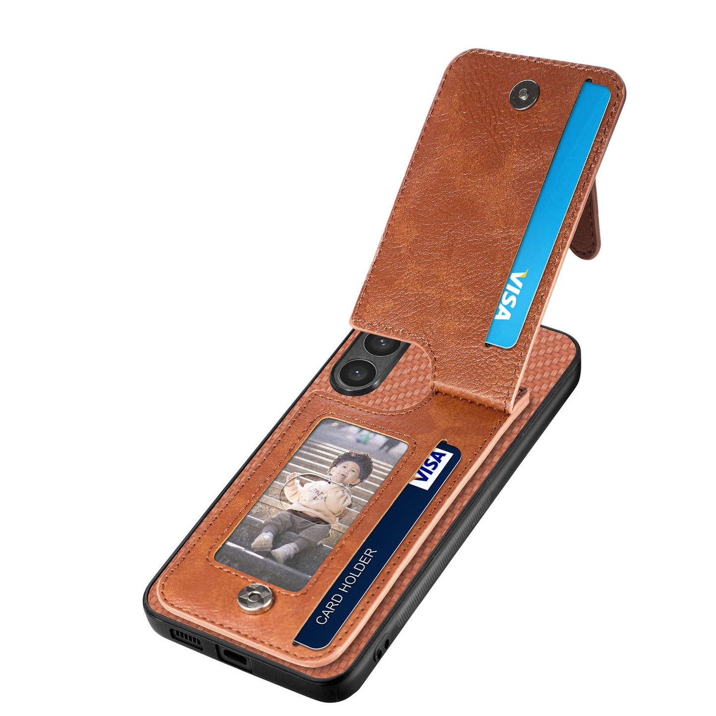 For Samsung Galaxy S24 Case Zipper Pocket Carbon Fiber Texture Phone Kickstand Cover - Brown