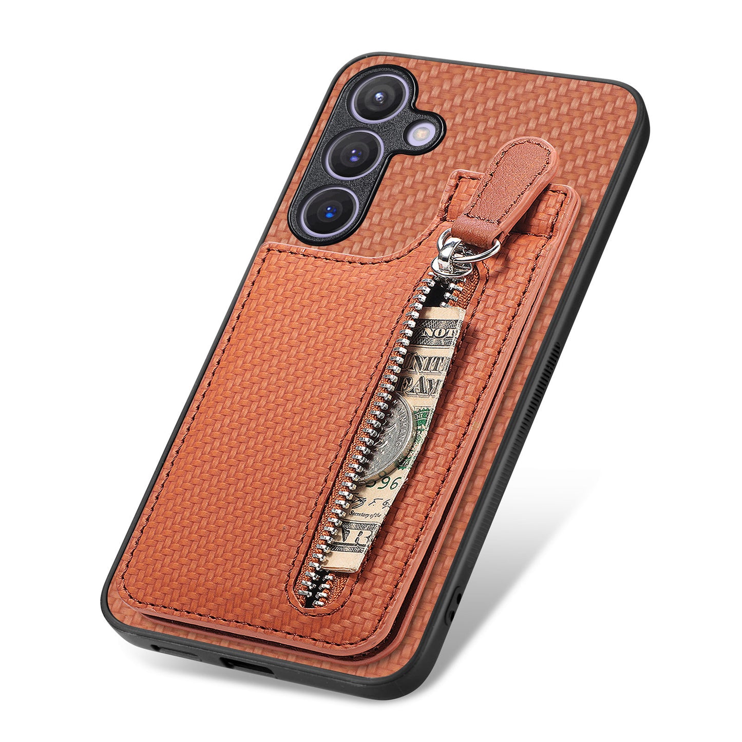 For Samsung Galaxy S24 Case Zipper Pocket Carbon Fiber Texture Phone Kickstand Cover - Brown