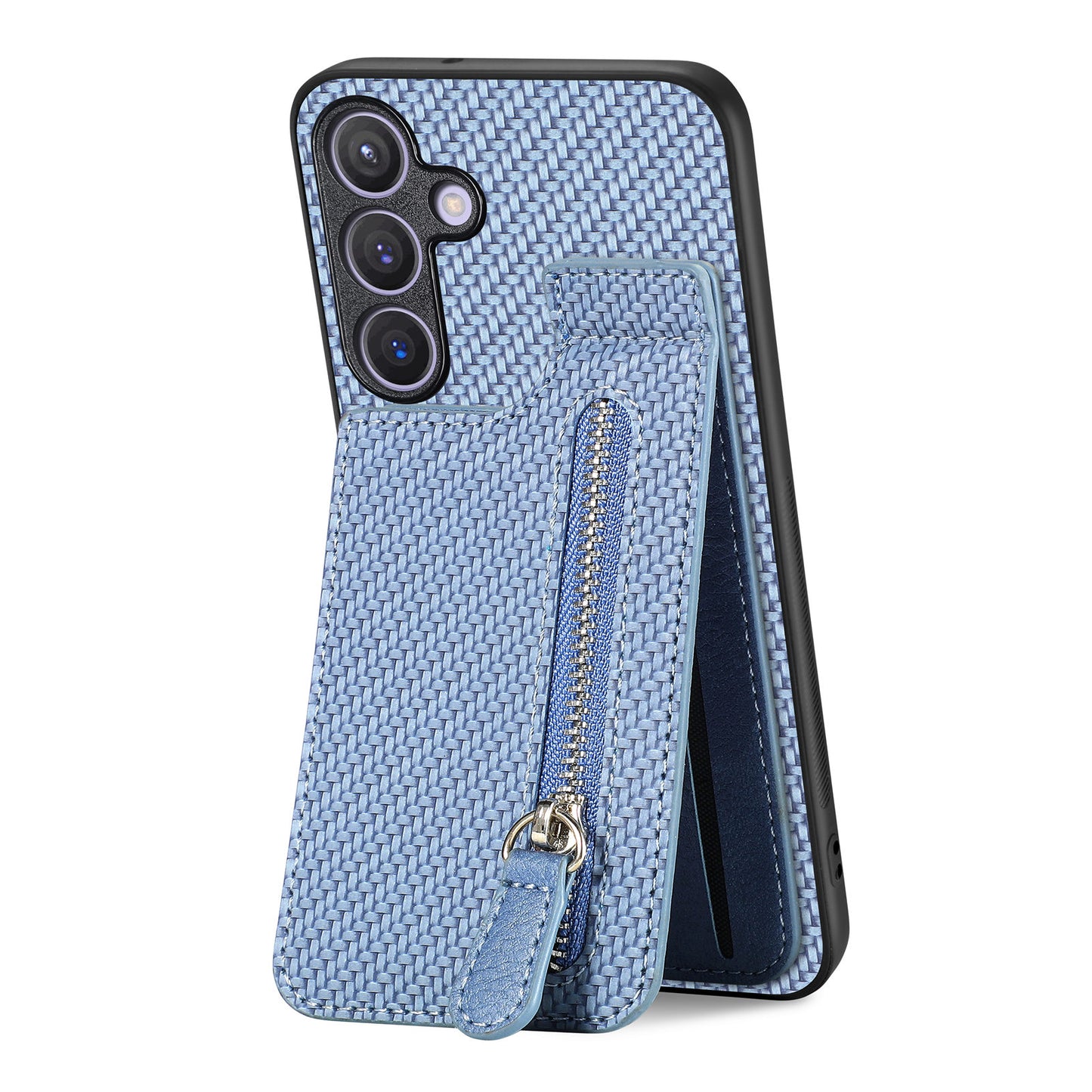 For Samsung Galaxy S24 Case Zipper Pocket Carbon Fiber Texture Phone Kickstand Cover - Blue