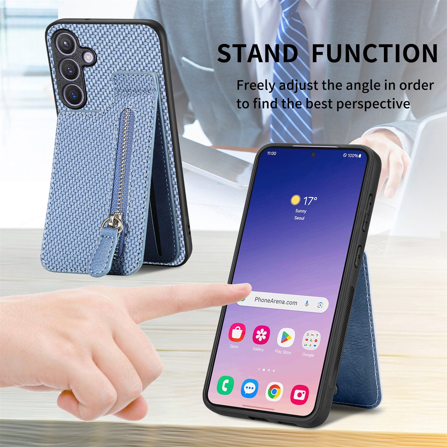 For Samsung Galaxy S24 Case Zipper Pocket Carbon Fiber Texture Phone Kickstand Cover - Blue