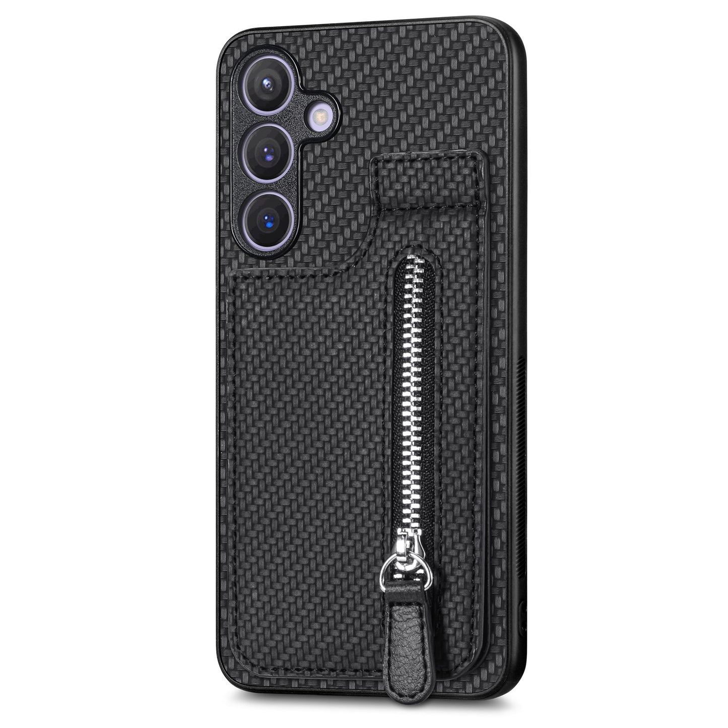 For Samsung Galaxy S24 Case Zipper Pocket Carbon Fiber Texture Phone Kickstand Cover - Black