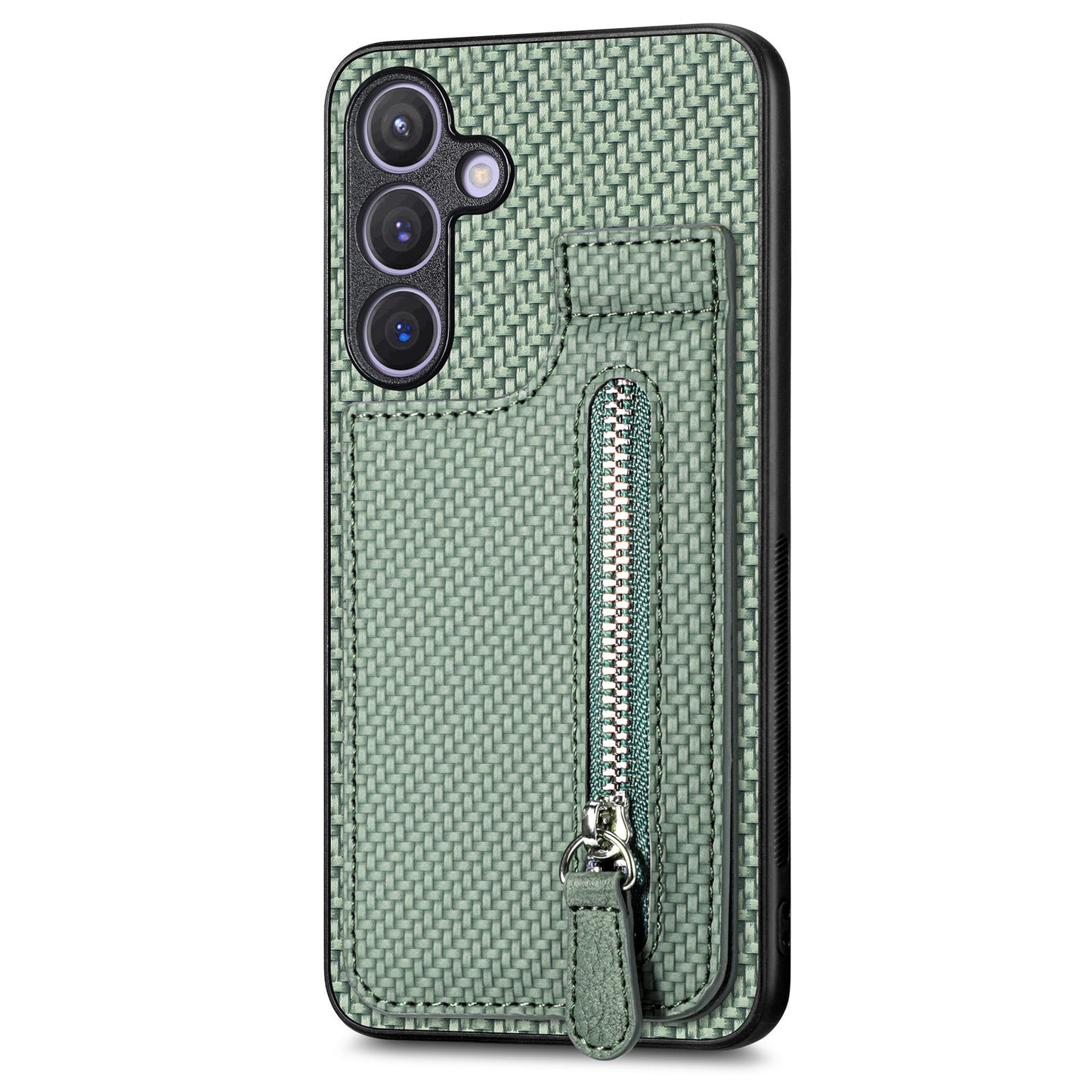 For Samsung Galaxy S24 Case Zipper Pocket Carbon Fiber Texture Phone Kickstand Cover - Green