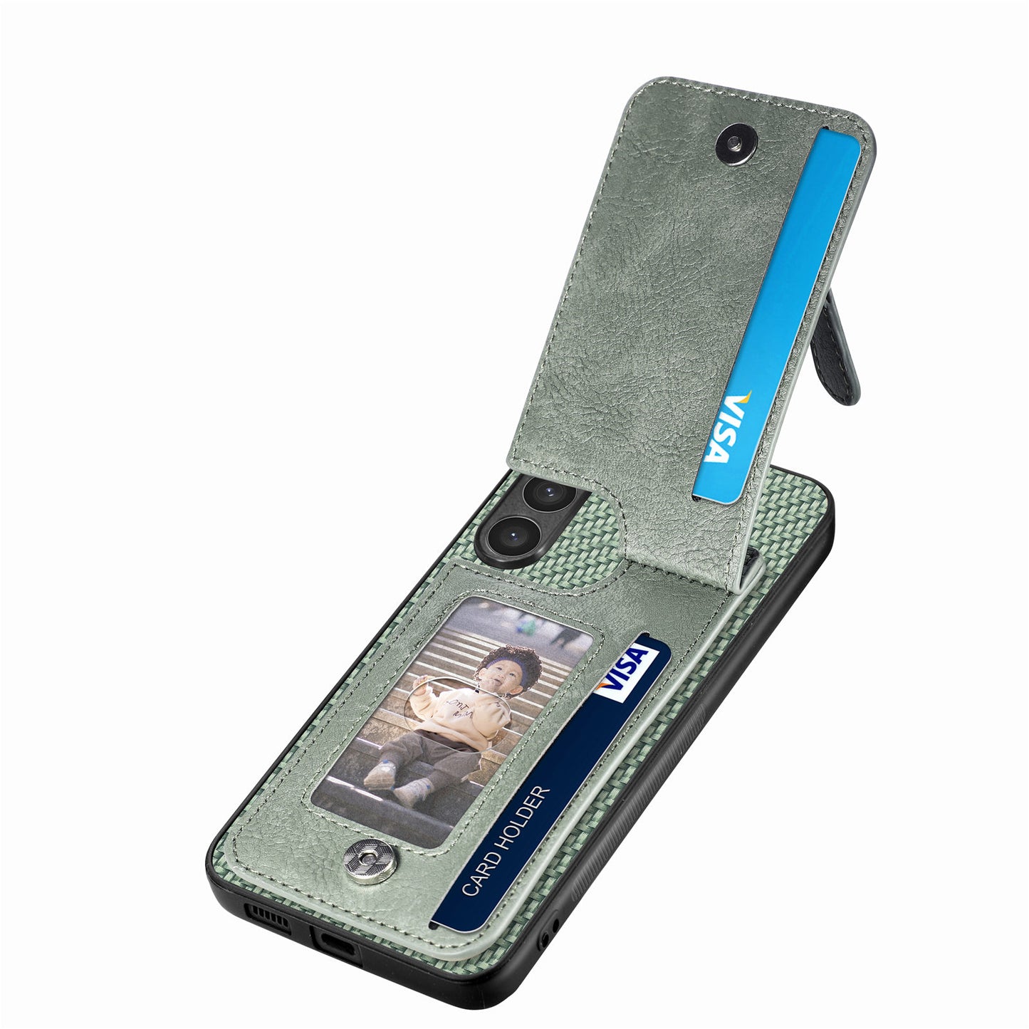 For Samsung Galaxy S24+ Kickstand Case Zipper Pocket Carbon Fiber Texture Phone Cover - Green