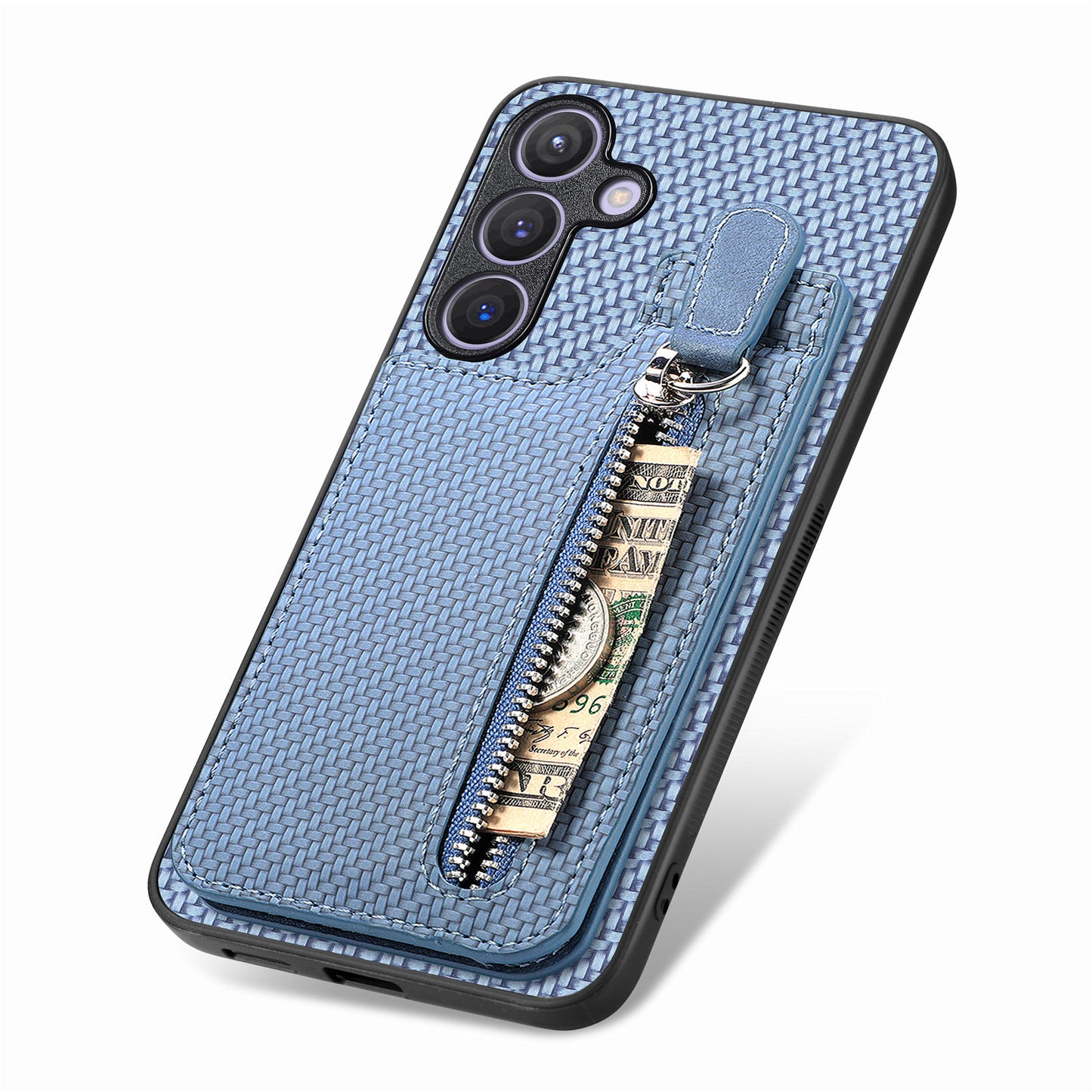 For Samsung Galaxy S24+ Kickstand Case Zipper Pocket Carbon Fiber Texture Phone Cover - Blue
