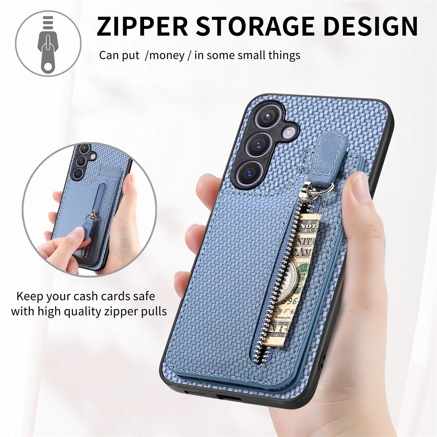 For Samsung Galaxy S24+ Kickstand Case Zipper Pocket Carbon Fiber Texture Phone Cover - Blue