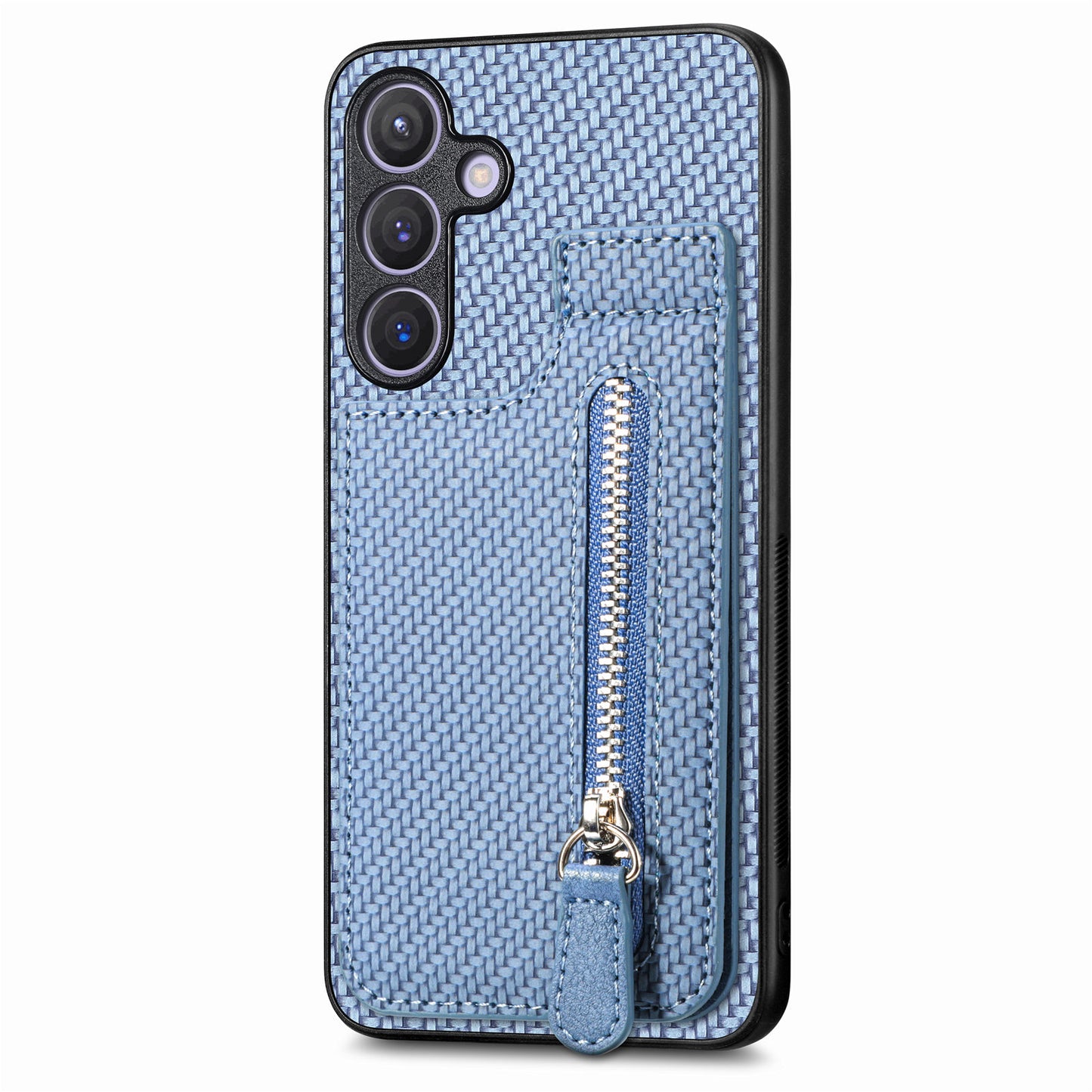 For Samsung Galaxy S24+ Kickstand Case Zipper Pocket Carbon Fiber Texture Phone Cover - Blue