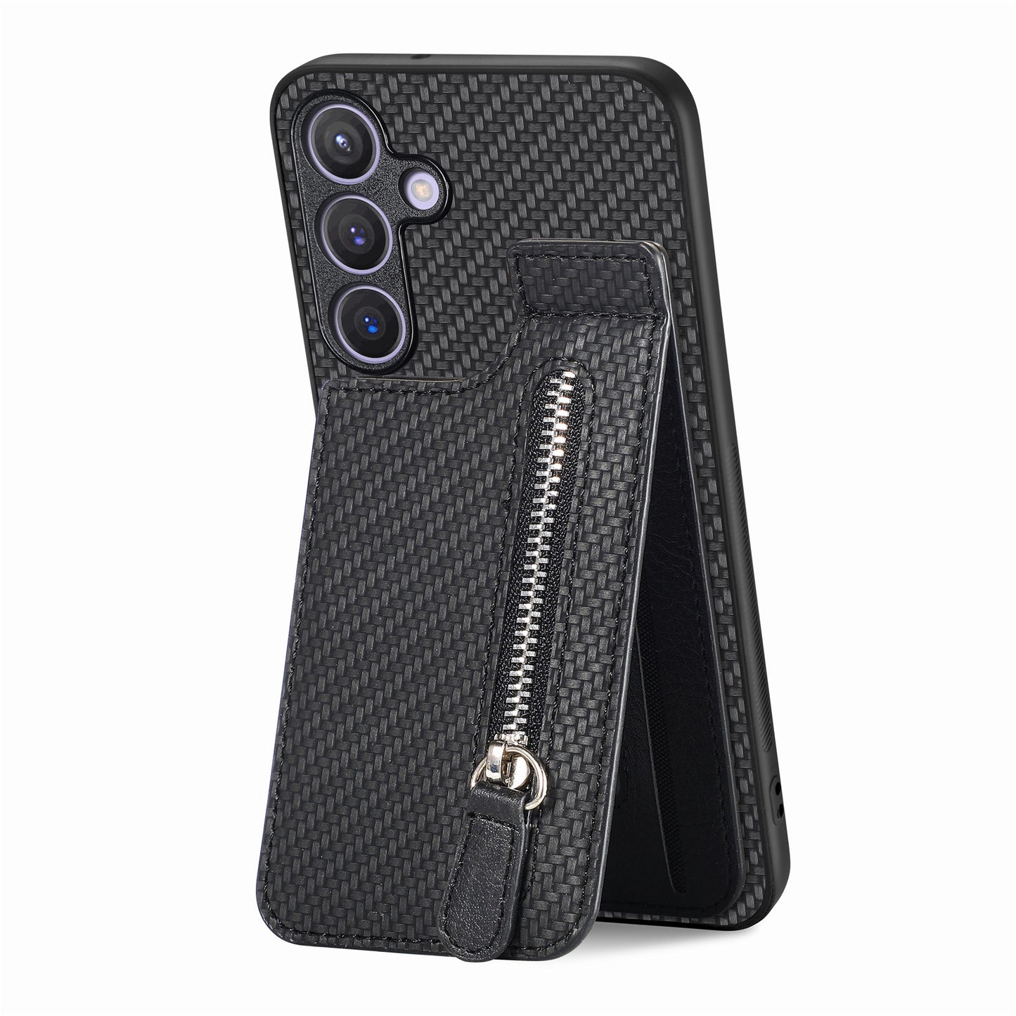 For Samsung Galaxy S24+ Kickstand Case Zipper Pocket Carbon Fiber Texture Phone Cover - Black