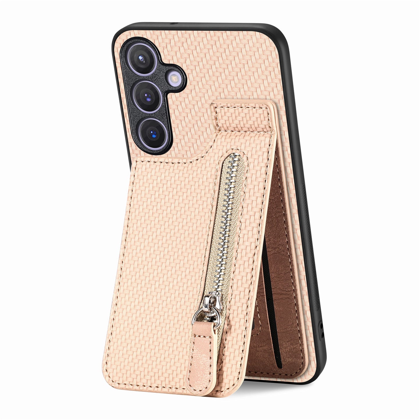 For Samsung Galaxy S24+ Kickstand Case Zipper Pocket Carbon Fiber Texture Phone Cover - Apricot