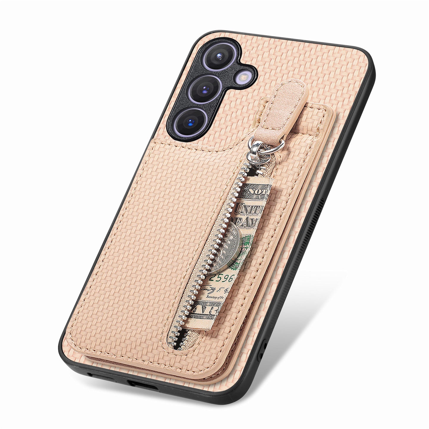 For Samsung Galaxy S24+ Kickstand Case Zipper Pocket Carbon Fiber Texture Phone Cover - Apricot