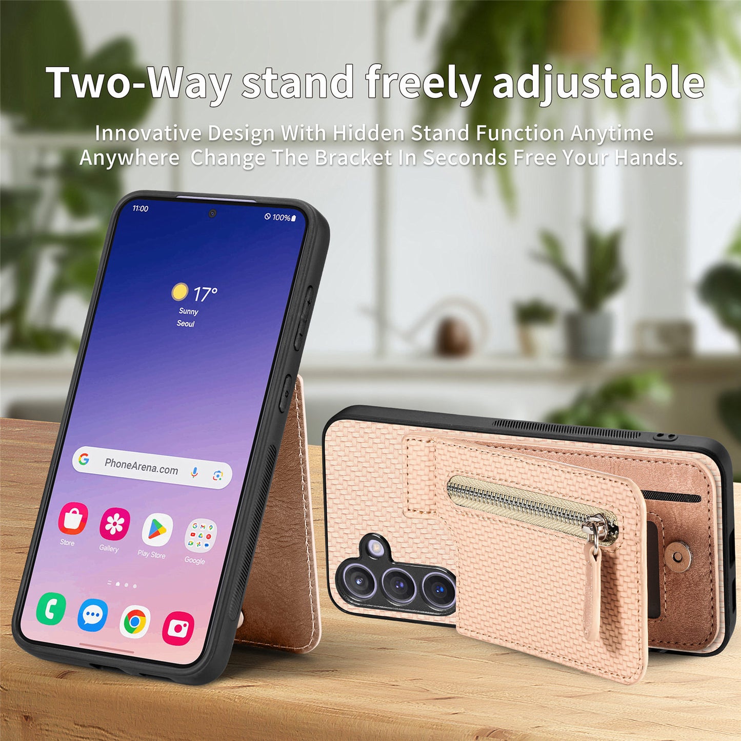 For Samsung Galaxy S24+ Kickstand Case Zipper Pocket Carbon Fiber Texture Phone Cover - Apricot
