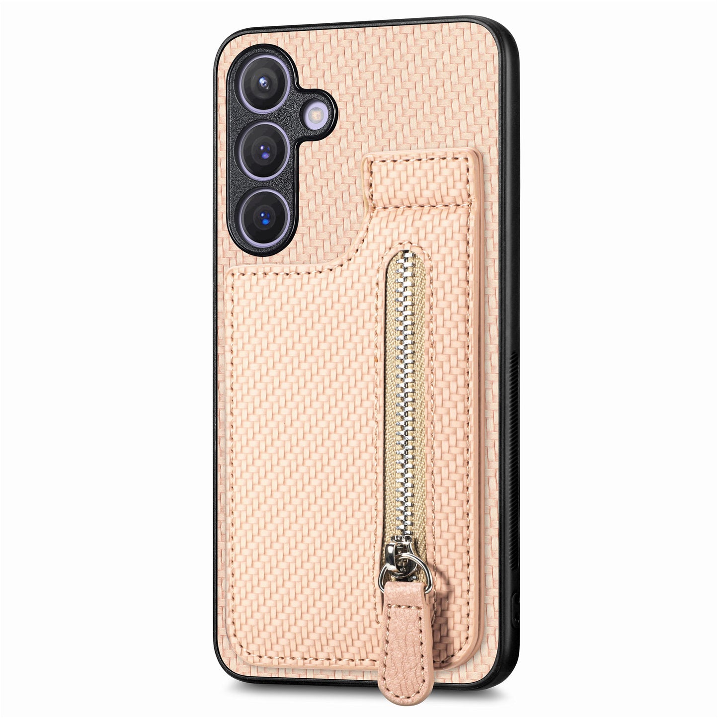 For Samsung Galaxy S24+ Kickstand Case Zipper Pocket Carbon Fiber Texture Phone Cover - Apricot