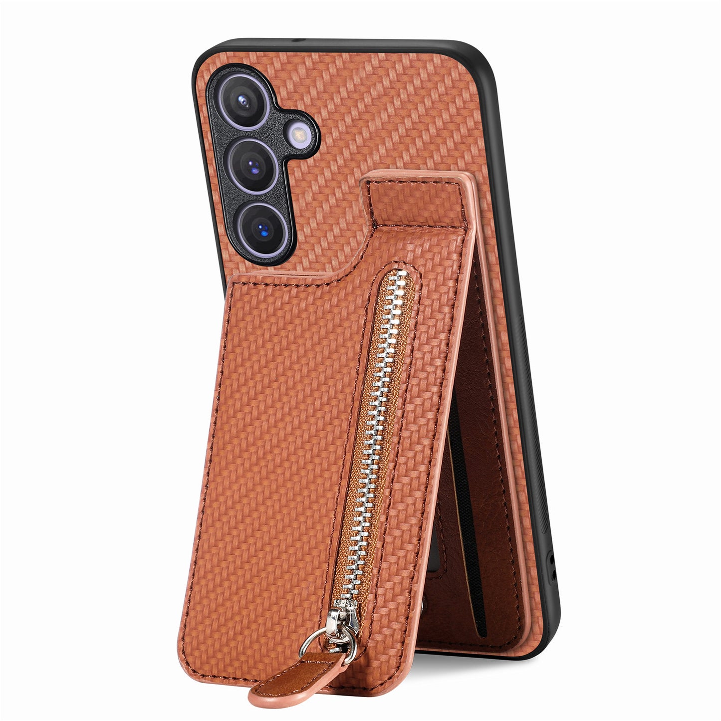 For Samsung Galaxy S24+ Kickstand Case Zipper Pocket Carbon Fiber Texture Phone Cover - Brown