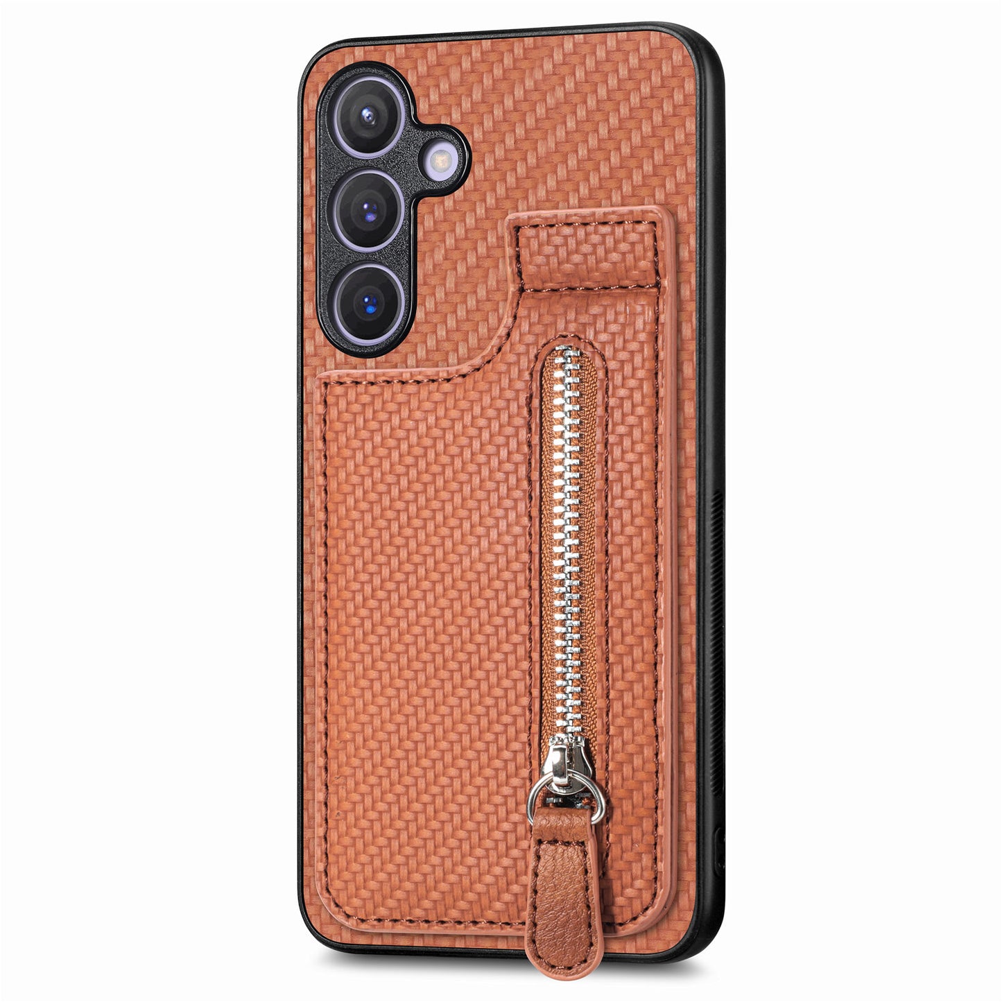 For Samsung Galaxy S24+ Kickstand Case Zipper Pocket Carbon Fiber Texture Phone Cover - Brown