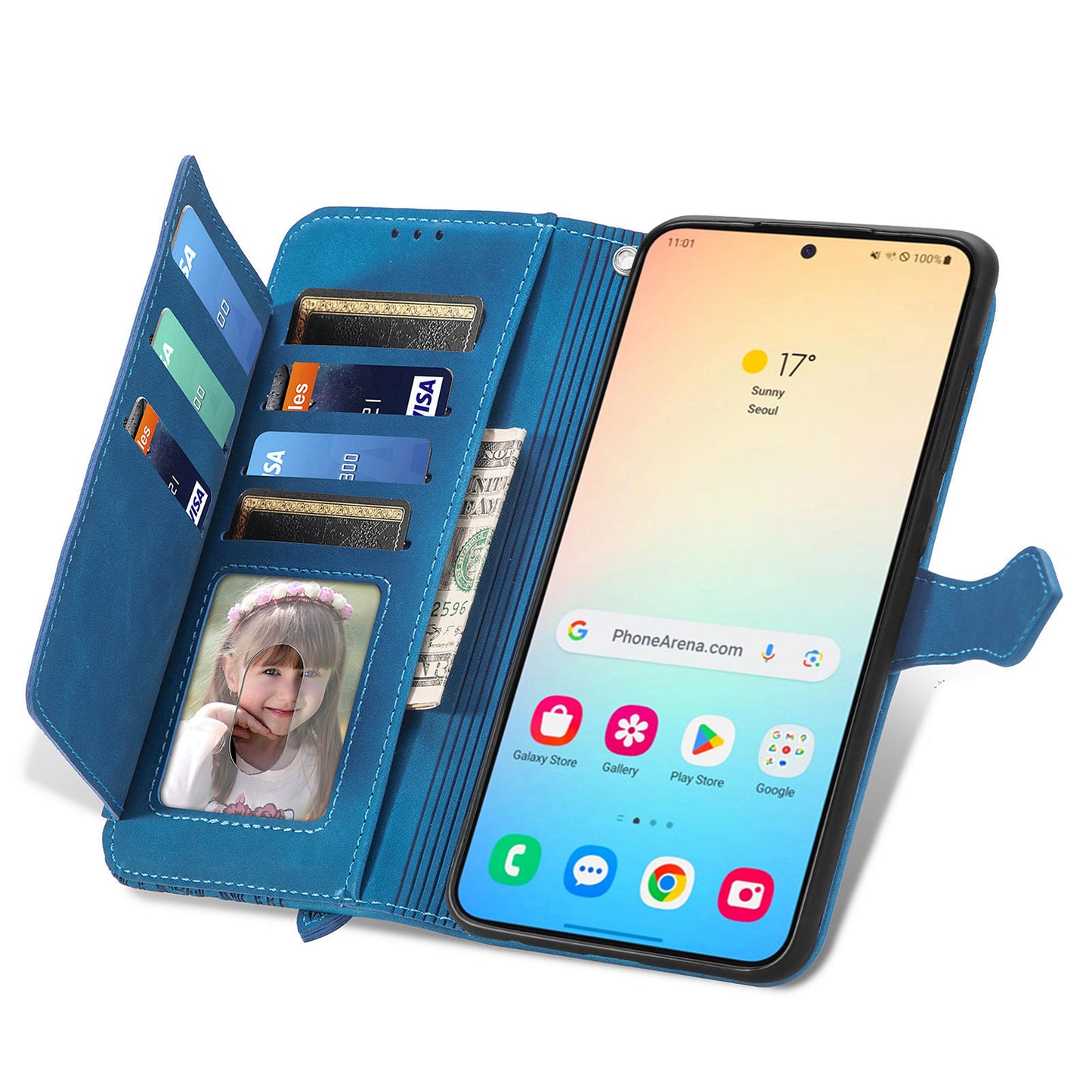 For Samsung Galaxy S24 Case Flower Imprinted Wallet Leather Phone Cover - Blue