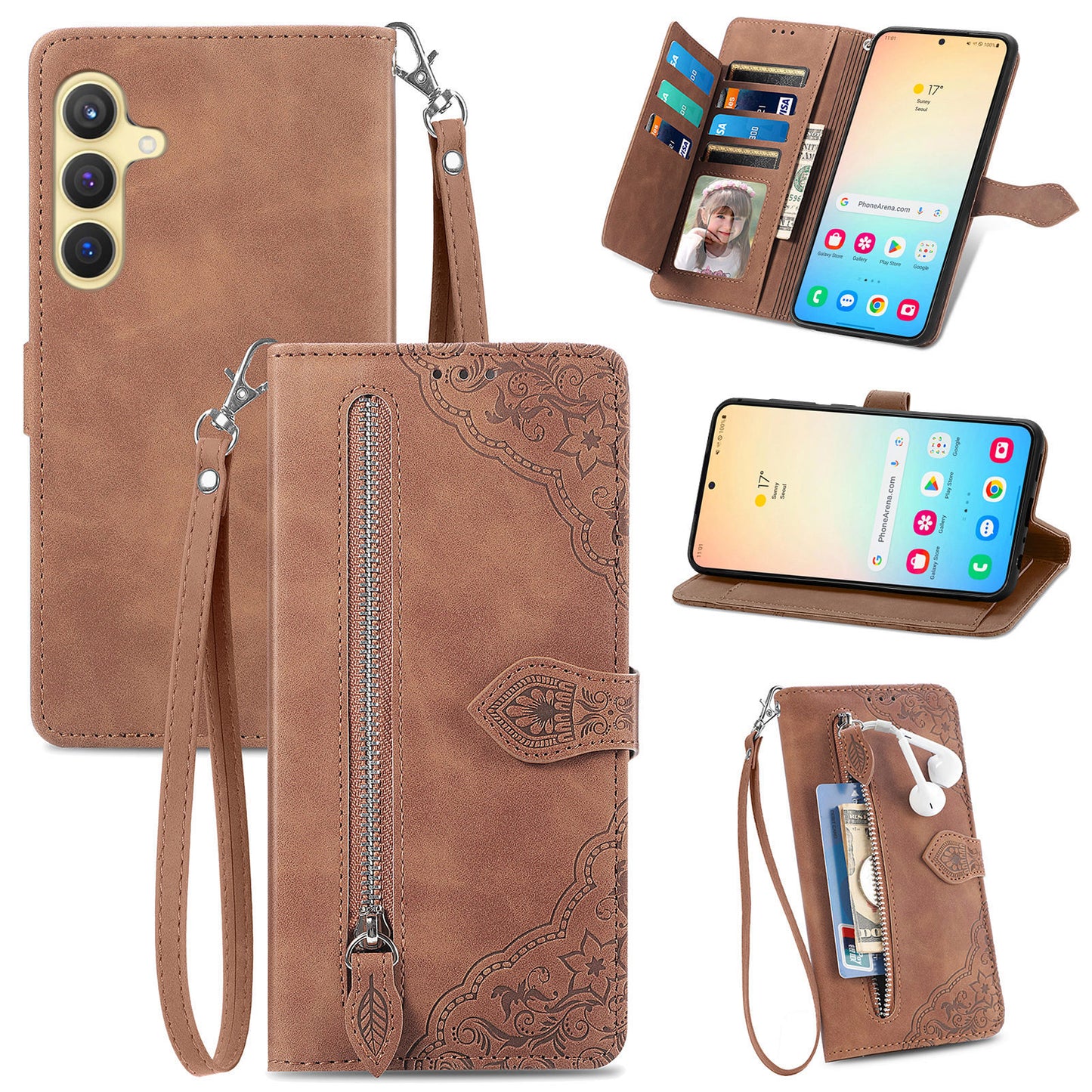 For Samsung Galaxy S24 Case Flower Imprinted Wallet Leather Phone Cover - Brown