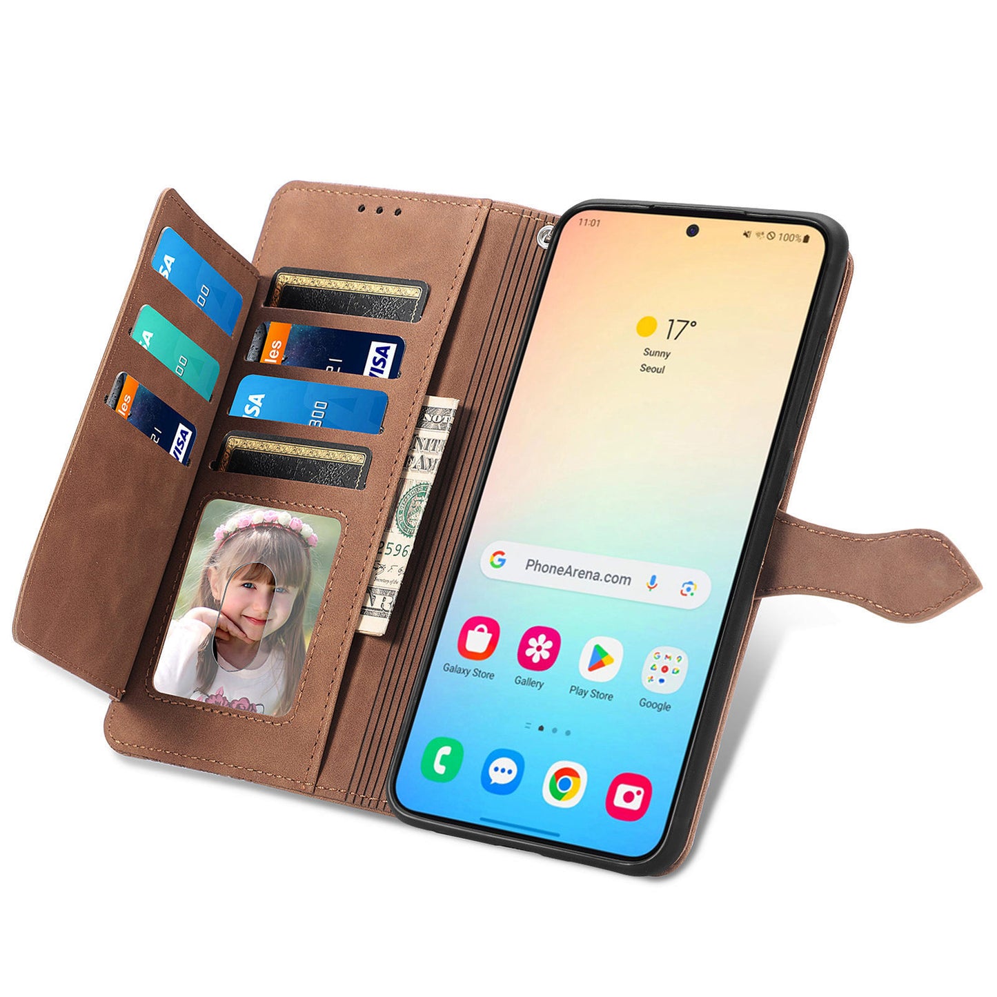 For Samsung Galaxy S24 Case Flower Imprinted Wallet Leather Phone Cover - Brown