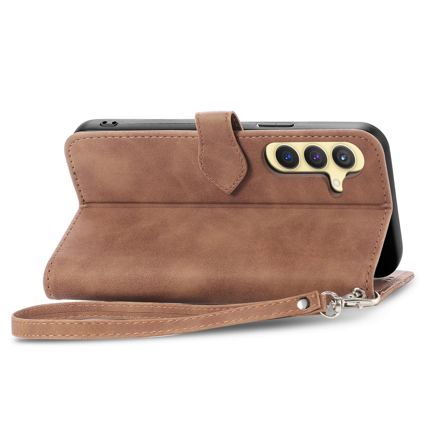 For Samsung Galaxy S24+ Case Zipper Pocket PU Leather Stand Phone Cover - Brown
