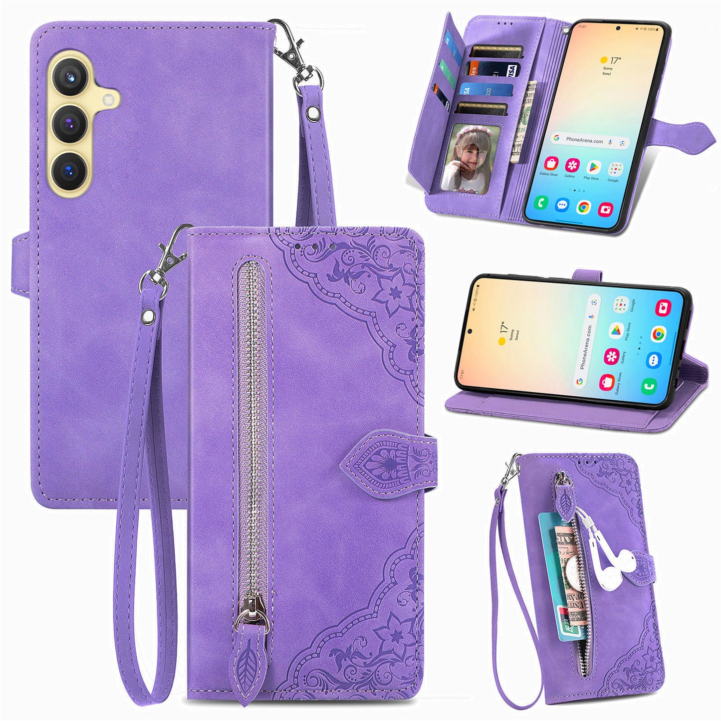 For Samsung Galaxy S24+ Case Zipper Pocket PU Leather Stand Phone Cover - Light Purple