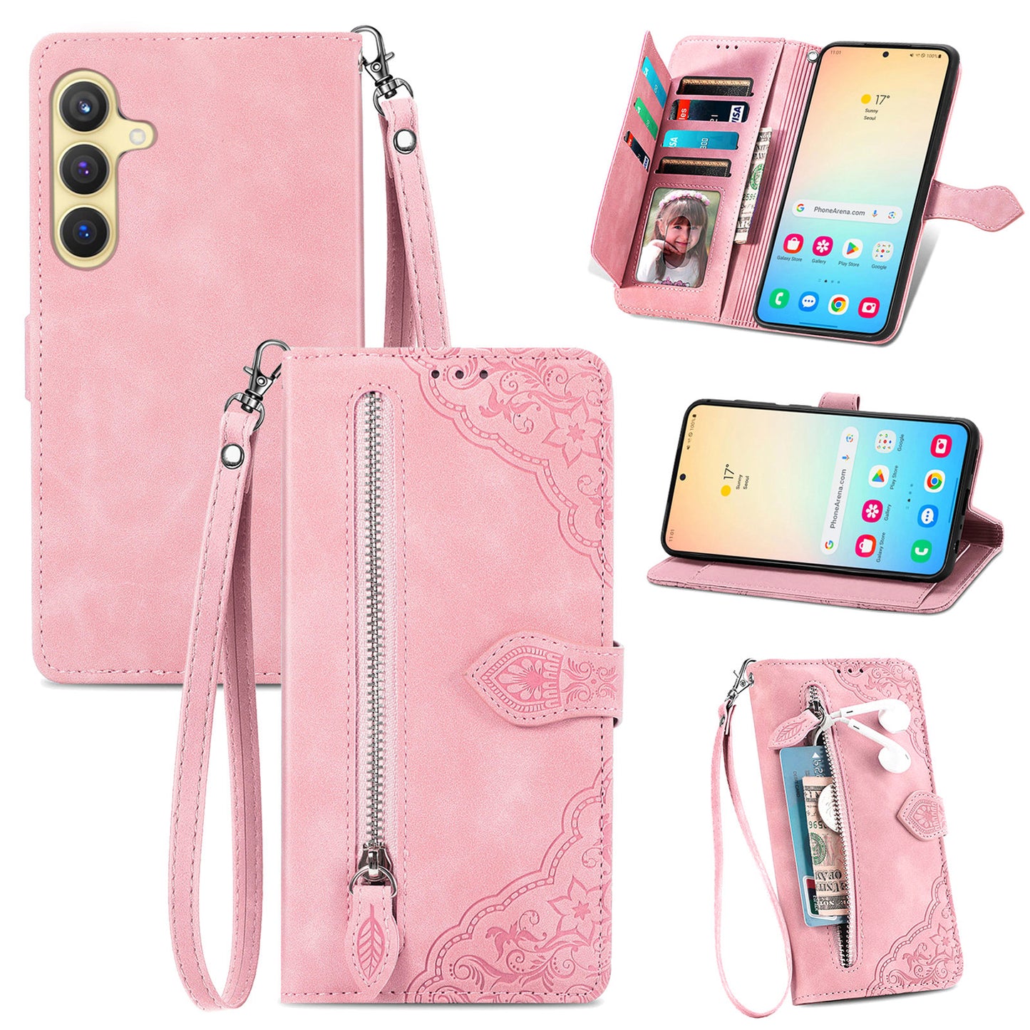 For Samsung Galaxy S24+ Case Zipper Pocket PU Leather Stand Phone Cover - Pink