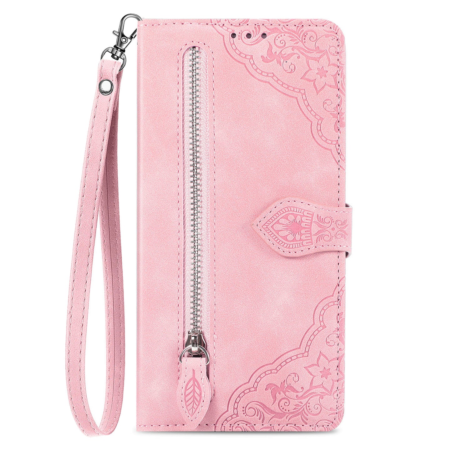 For Samsung Galaxy S24+ Case Zipper Pocket PU Leather Stand Phone Cover - Pink