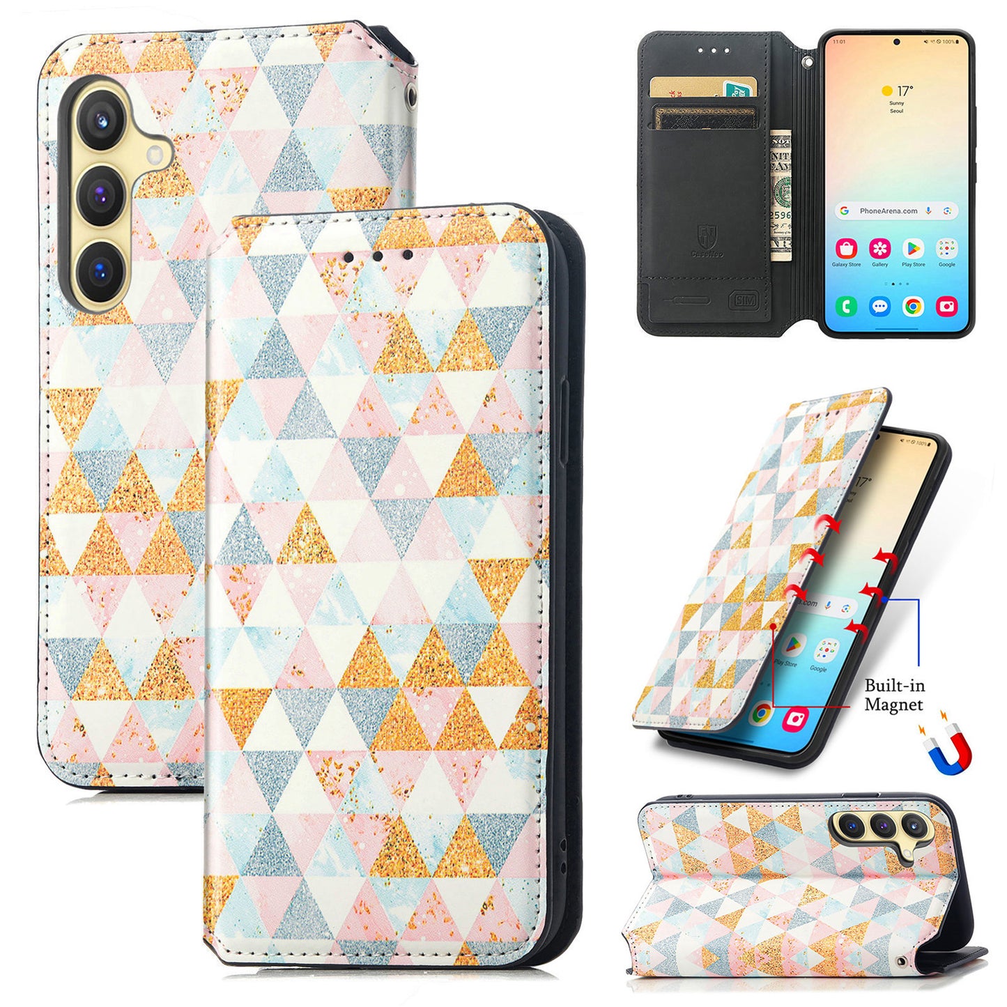 CASENEO 001 Series for Samsung Galaxy S24+ Leather Case RFID Blocking Phone Wallet Cover - Rhombus