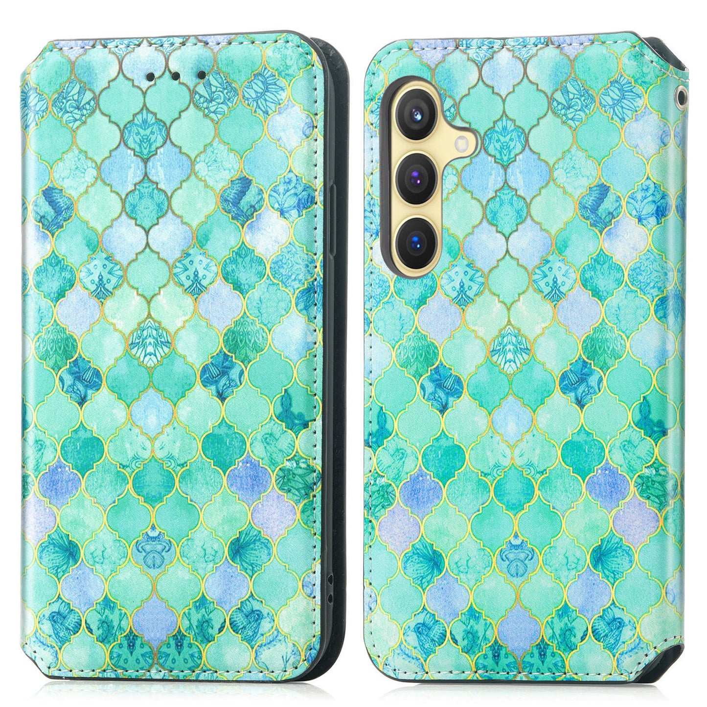 CASENEO 001 Series for Samsung Galaxy S24 Case RFID Blocking Wallet Pattern Phone Cover - Emerald