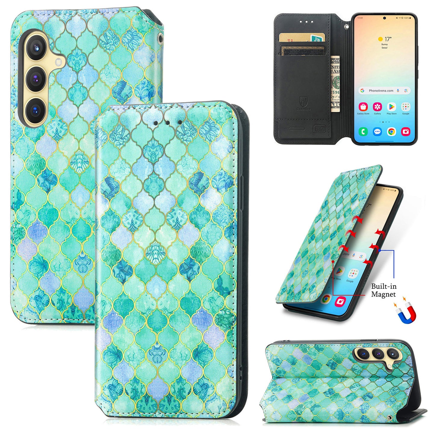 CASENEO 001 Series for Samsung Galaxy S24 Case RFID Blocking Wallet Pattern Phone Cover - Emerald