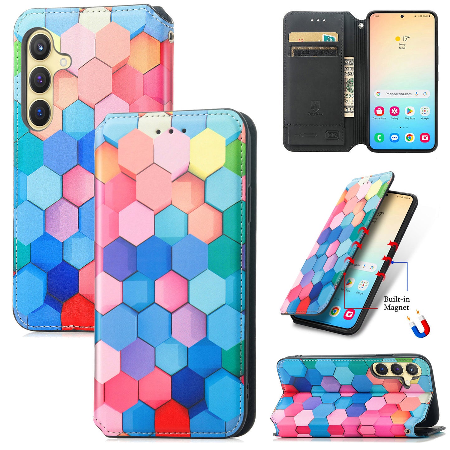 CASENEO 001 Series for Samsung Galaxy S24 Case RFID Blocking Wallet Pattern Phone Cover - Colorful Honeycomb