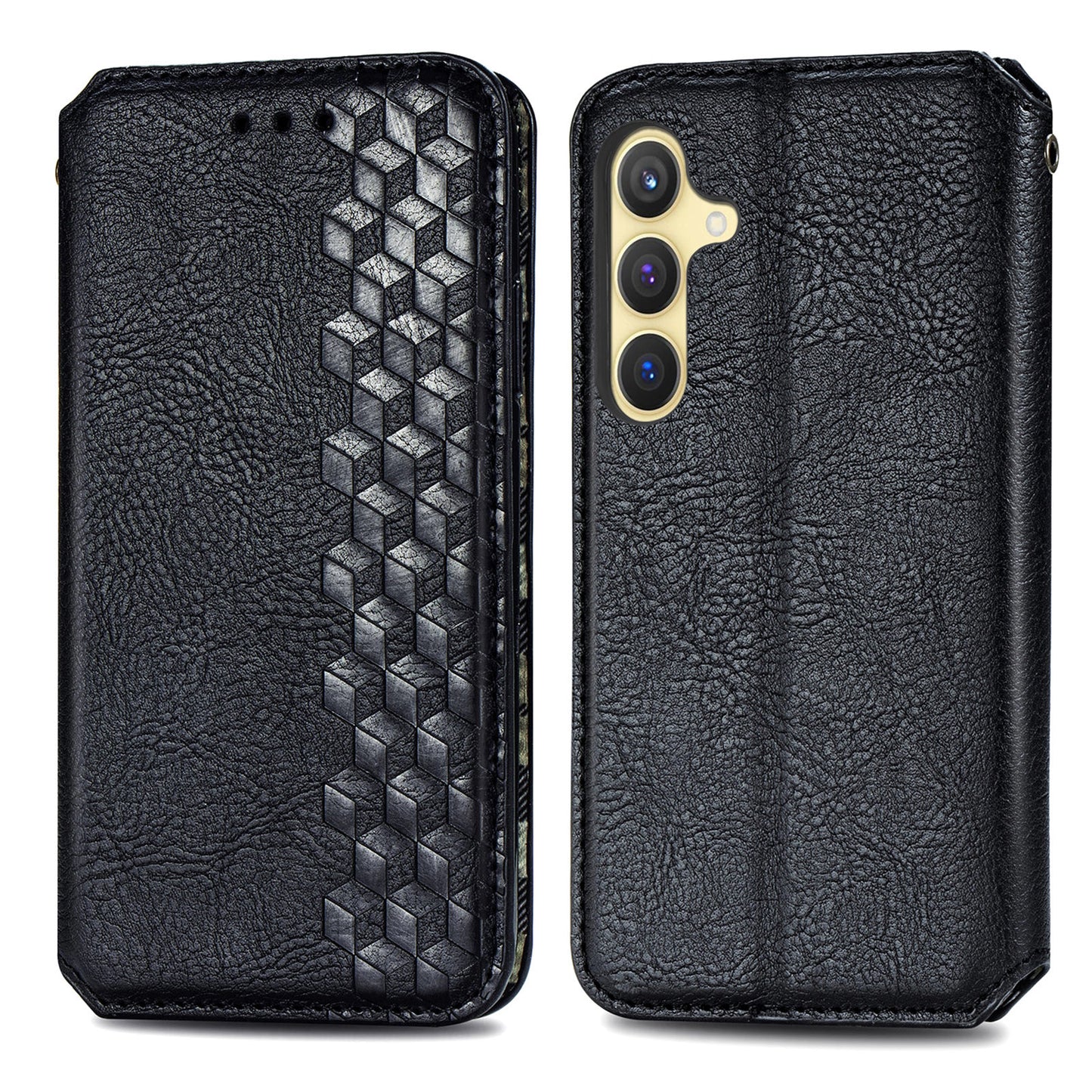 For Samsung Galaxy S24+ Cell Phone Case Imprint Rhombus Pattern Wallet Stand Cover - Black