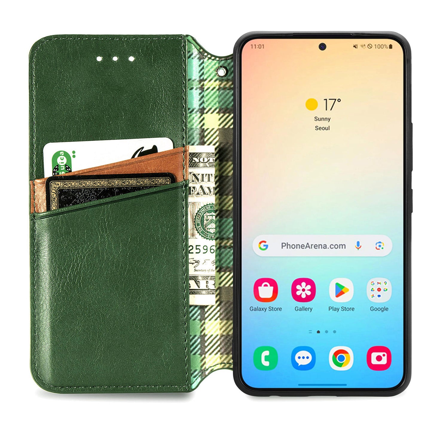 For Samsung Galaxy S24+ Cell Phone Case Imprint Rhombus Pattern Wallet Stand Cover - Green