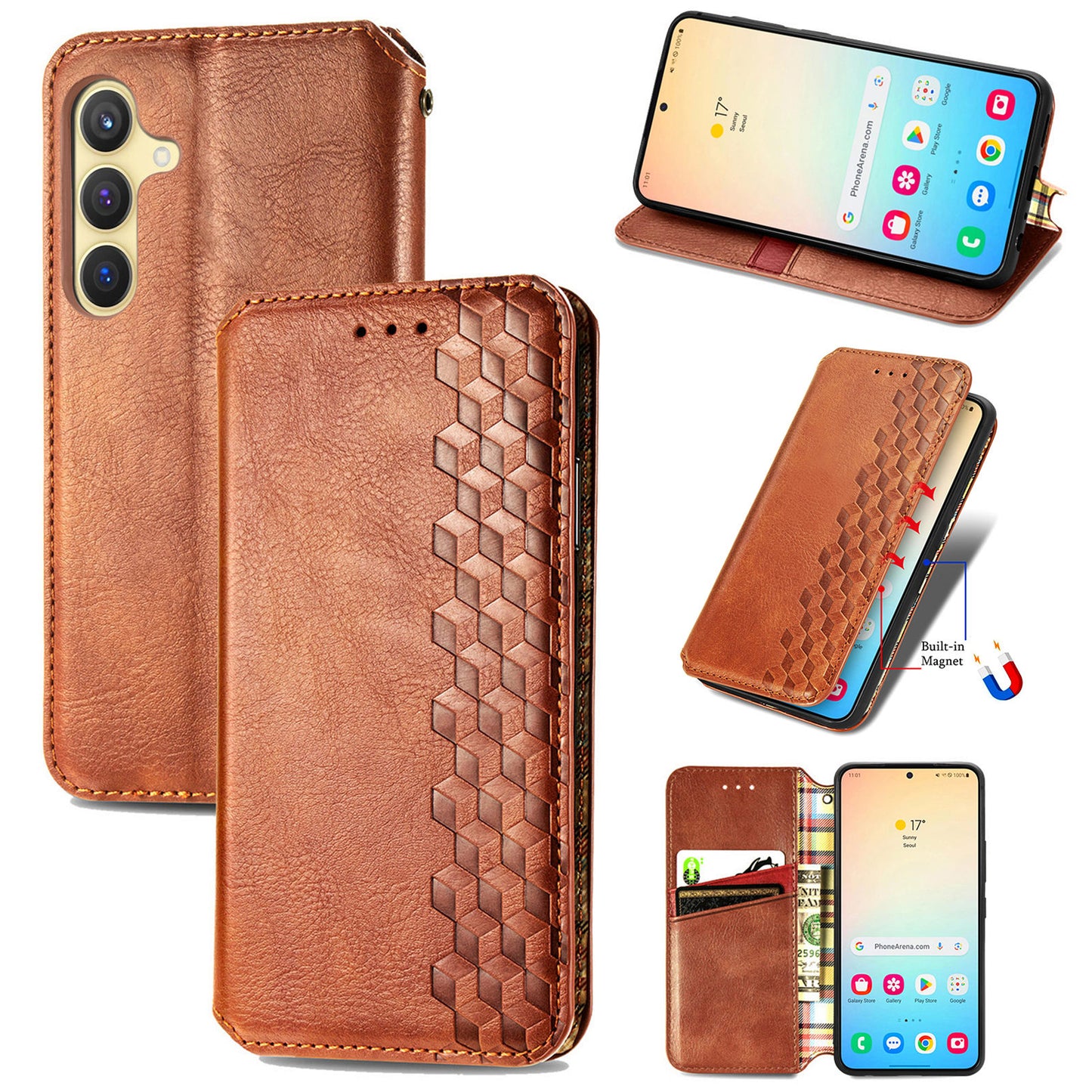 For Samsung Galaxy S24+ Cell Phone Case Imprint Rhombus Pattern Wallet Stand Cover - Brown