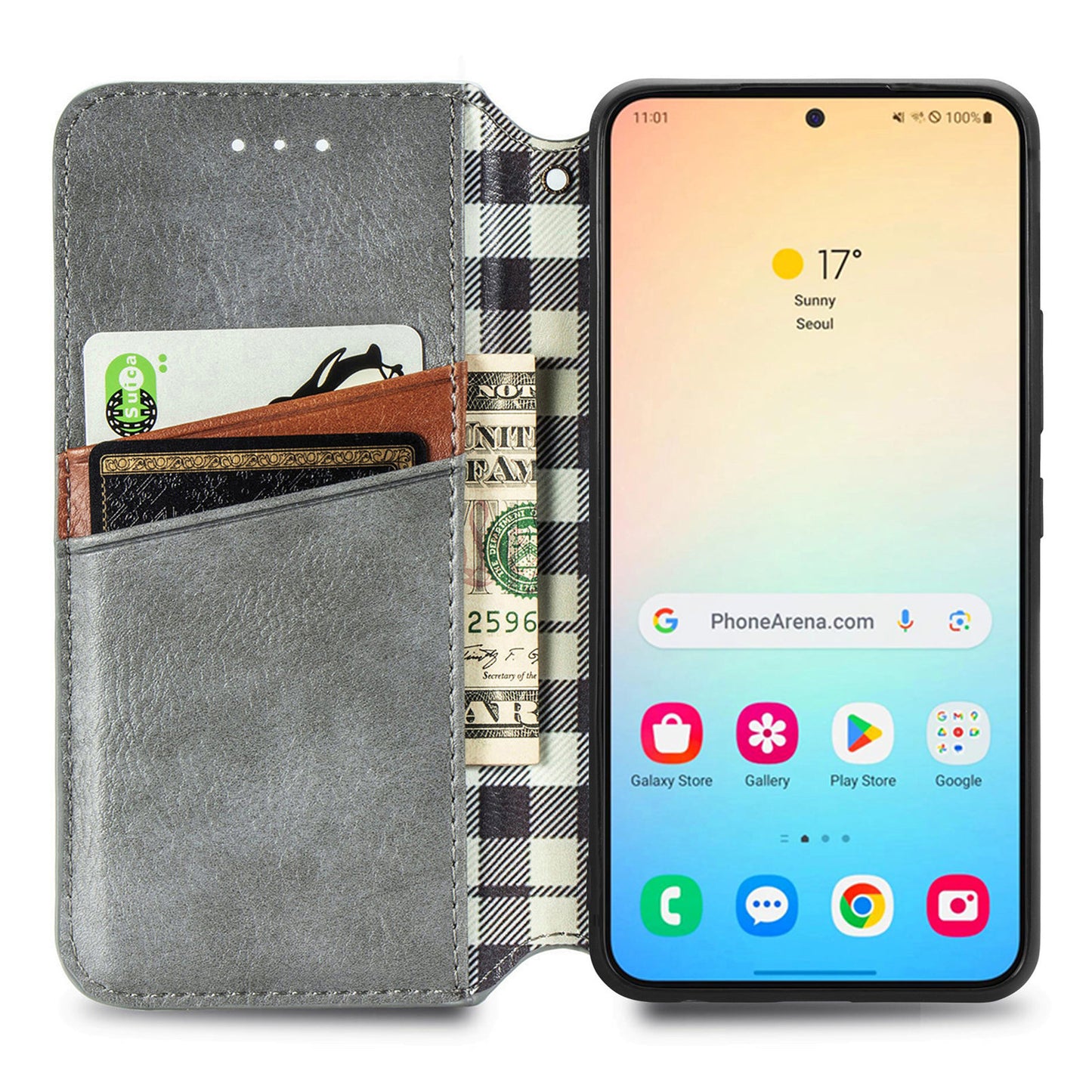 For Samsung Galaxy S24+ Cell Phone Case Imprint Rhombus Pattern Wallet Stand Cover - Grey