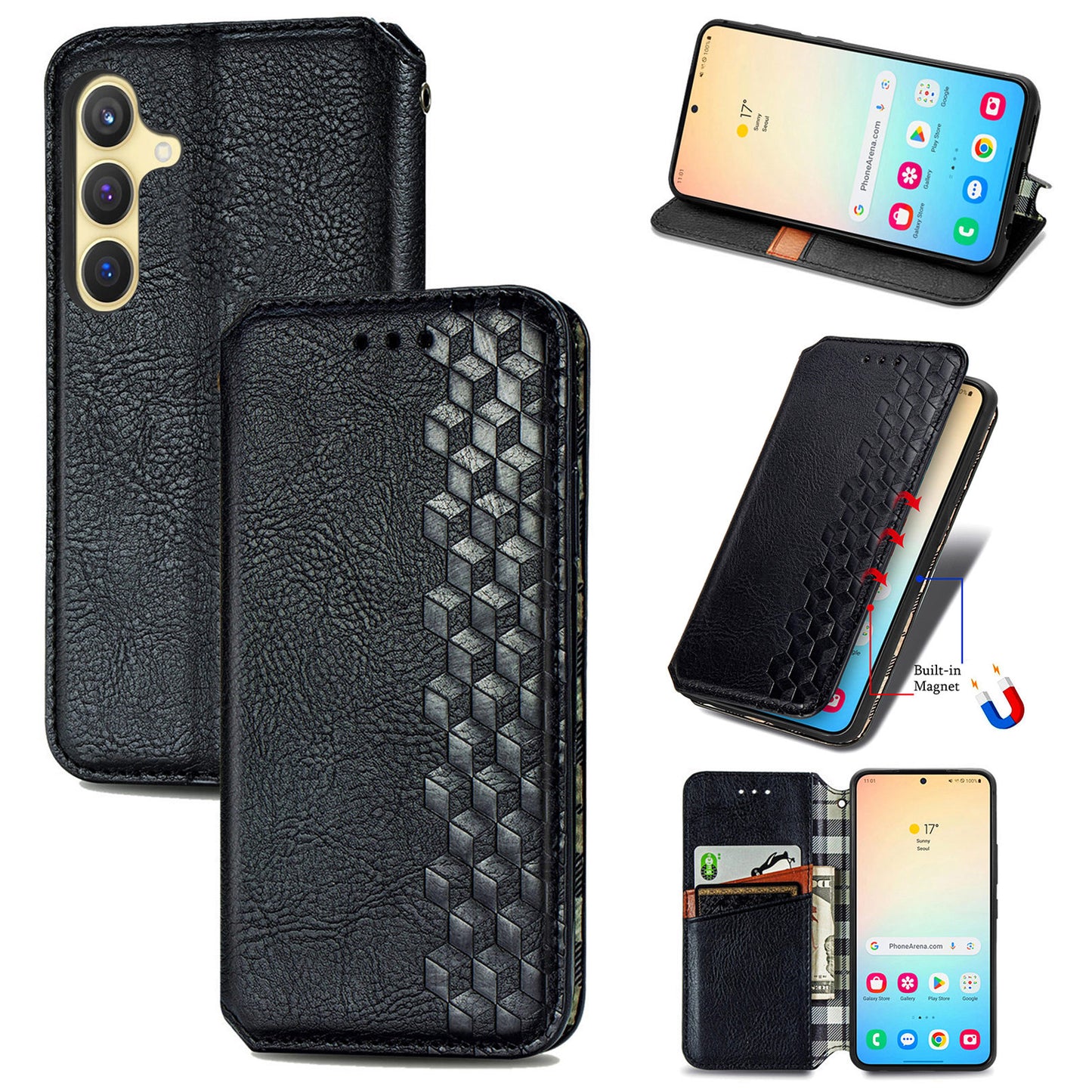 For Samsung Galaxy S24 Case Rhombus Pattern TPU + PU Leather Wallet Stand Cover - Black