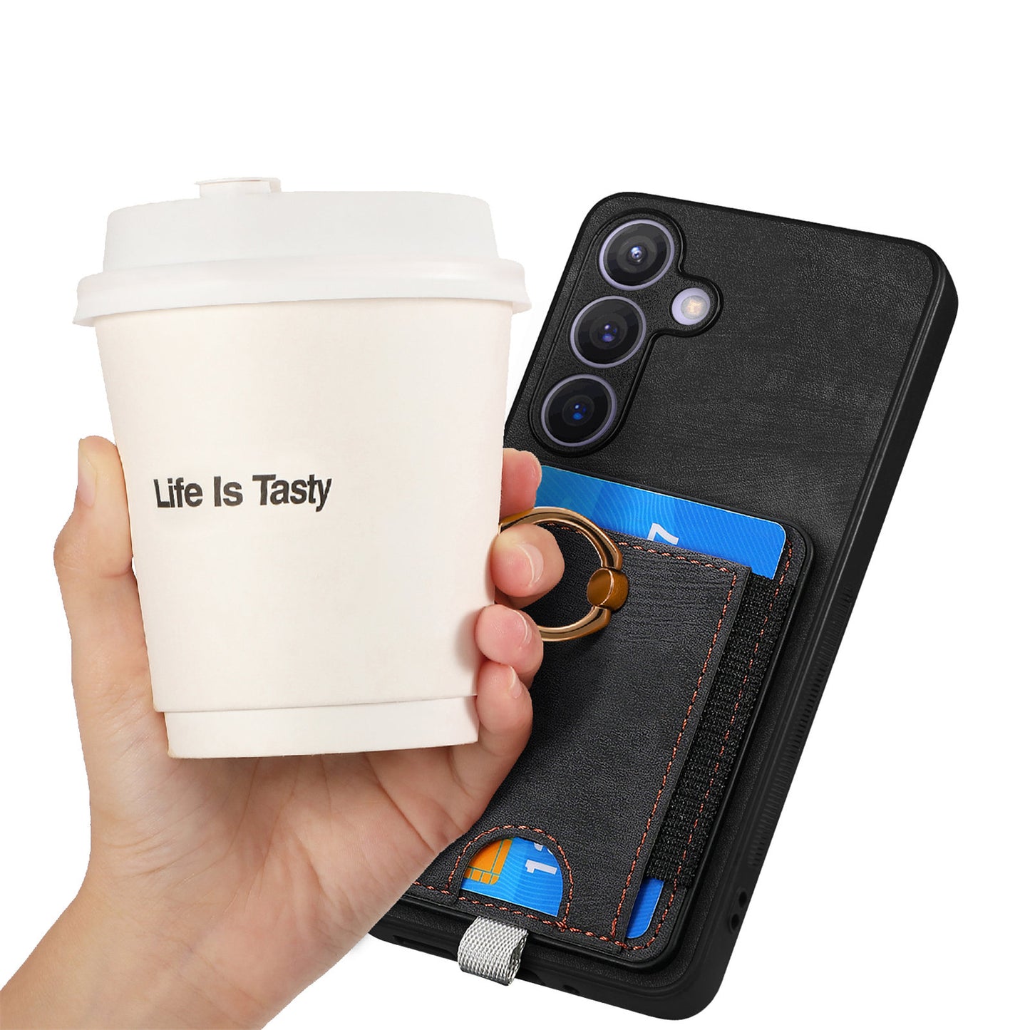 D7 For Samsung Galaxy S24+ Case Detachable Card Bag Phone Kickstand Cover - Black