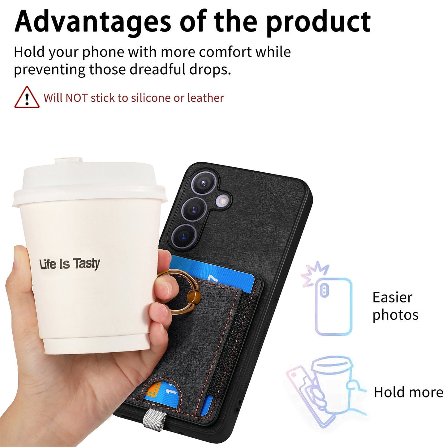 D7 For Samsung Galaxy S24+ Case Detachable Card Bag Phone Kickstand Cover - Black