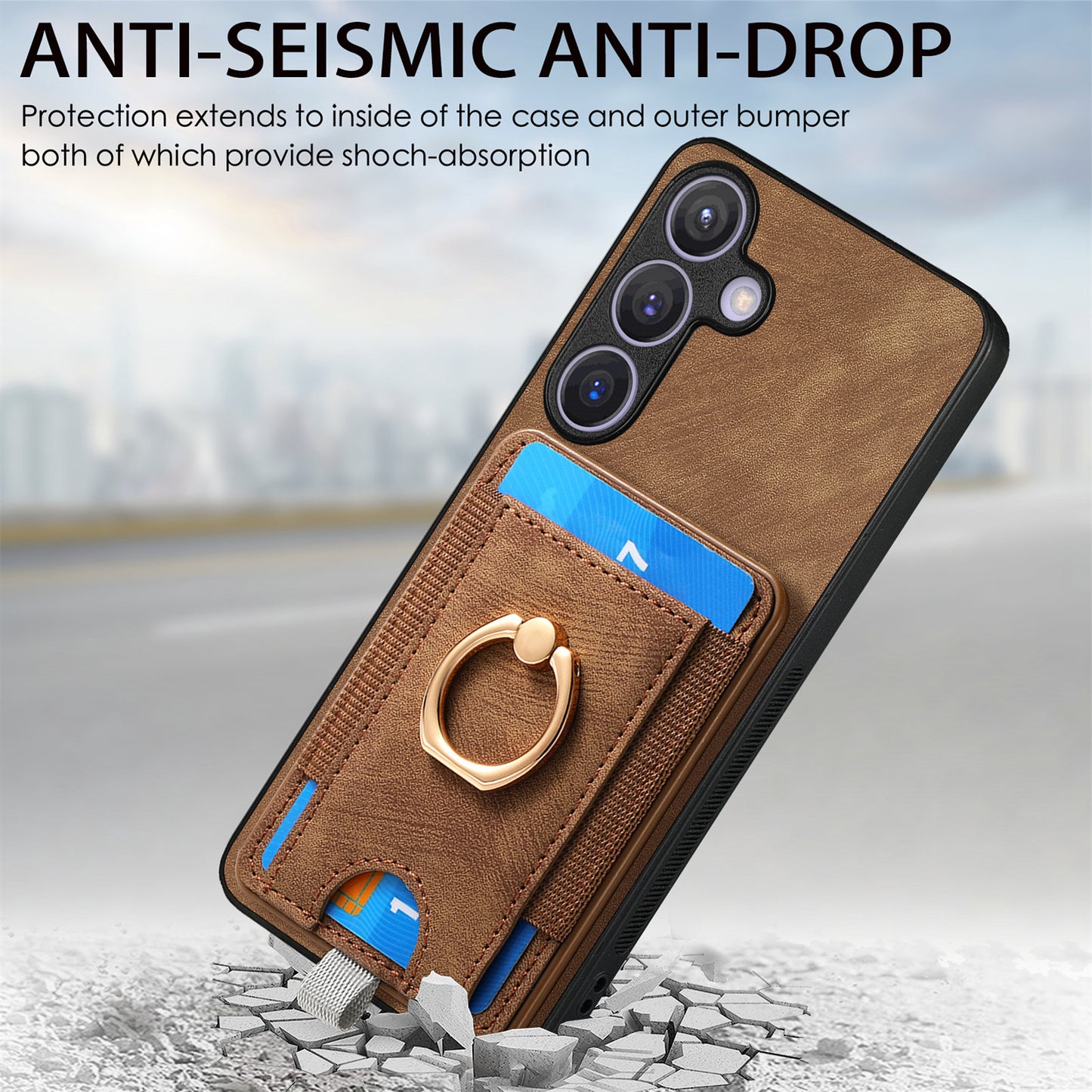 D7 For Samsung Galaxy S24+ Case Detachable Card Bag Phone Kickstand Cover - Brown