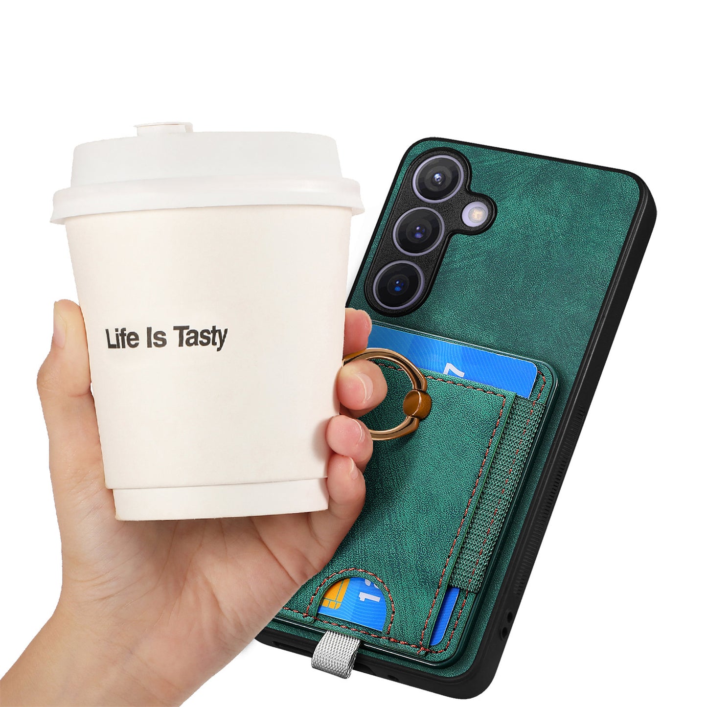 D7 For Samsung Galaxy S24+ Case Detachable Card Bag Phone Kickstand Cover - Green