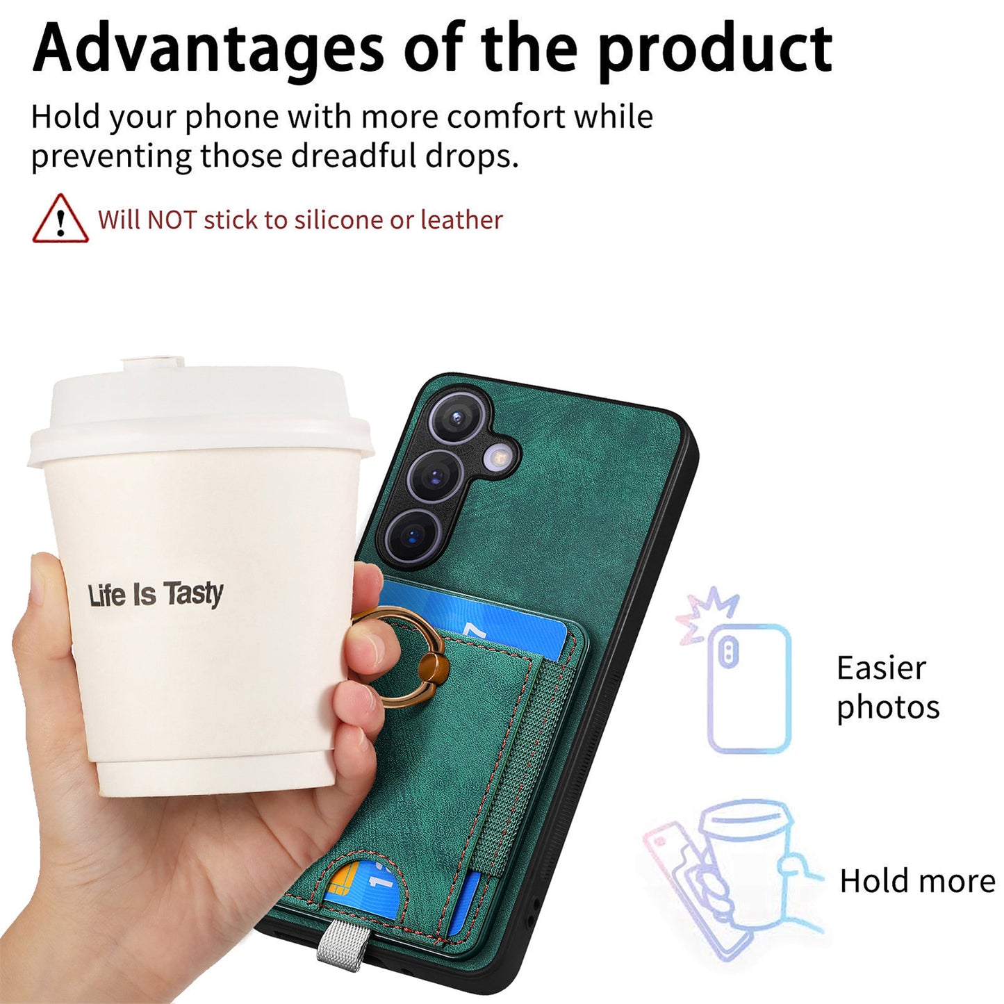 D7 For Samsung Galaxy S24+ Case Detachable Card Bag Phone Kickstand Cover - Green